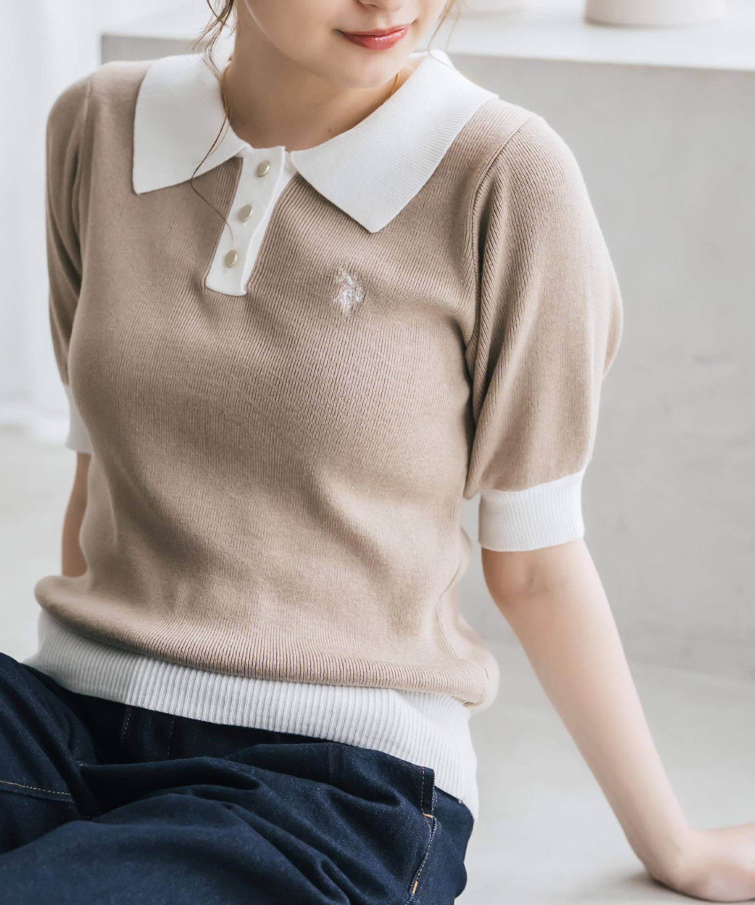 U.S. POLO ASSN. ユーエスポロアッスン W's ワンポイントロゴ刺繍バイカラー半袖ニットポロシャツ 無地/ボーダー 15636