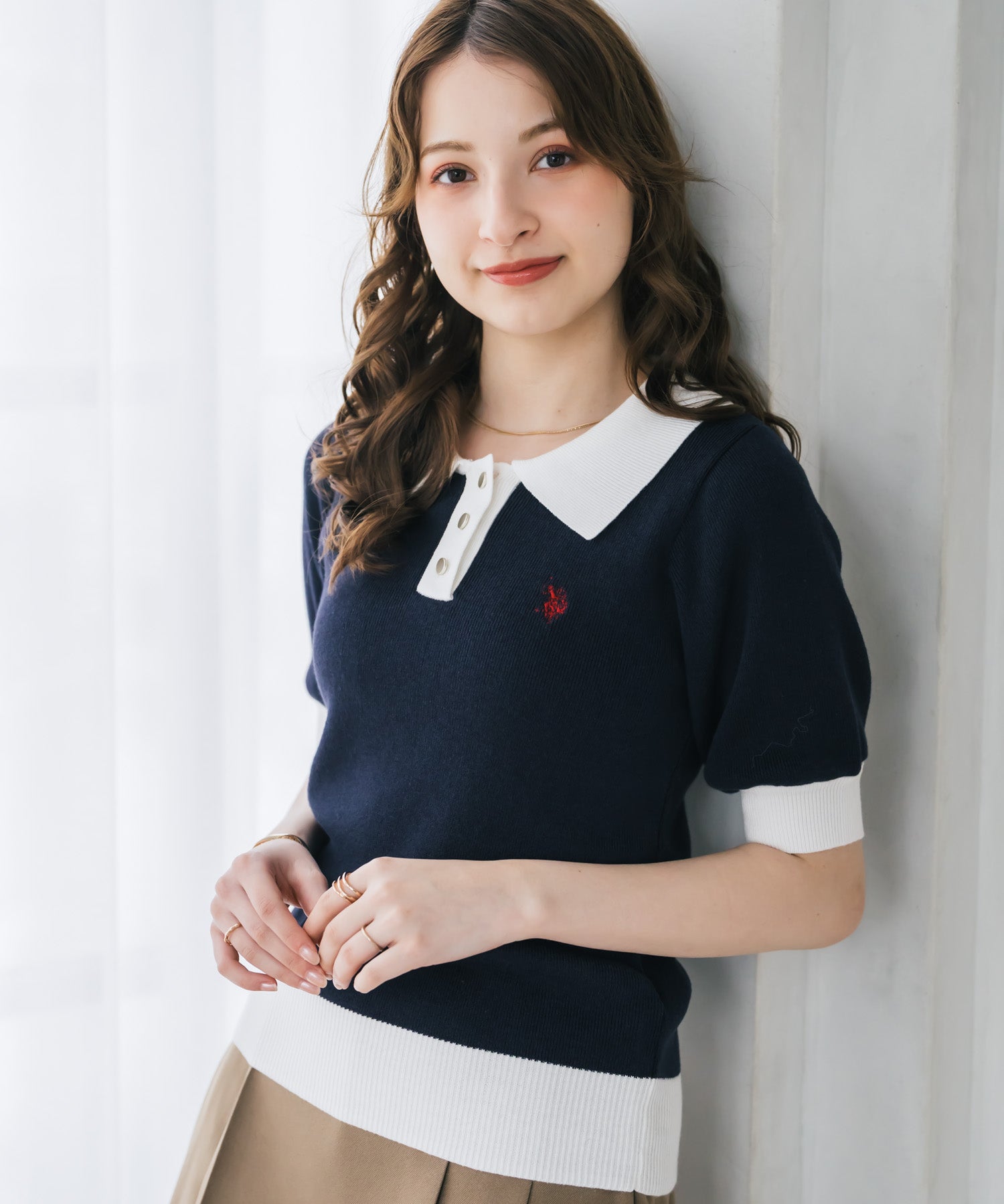 U.S. POLO ASSN. ユーエスポロアッスン W's ワンポイントロゴ刺繍バイカラー半袖ニットポロシャツ 無地/ボーダー 15636