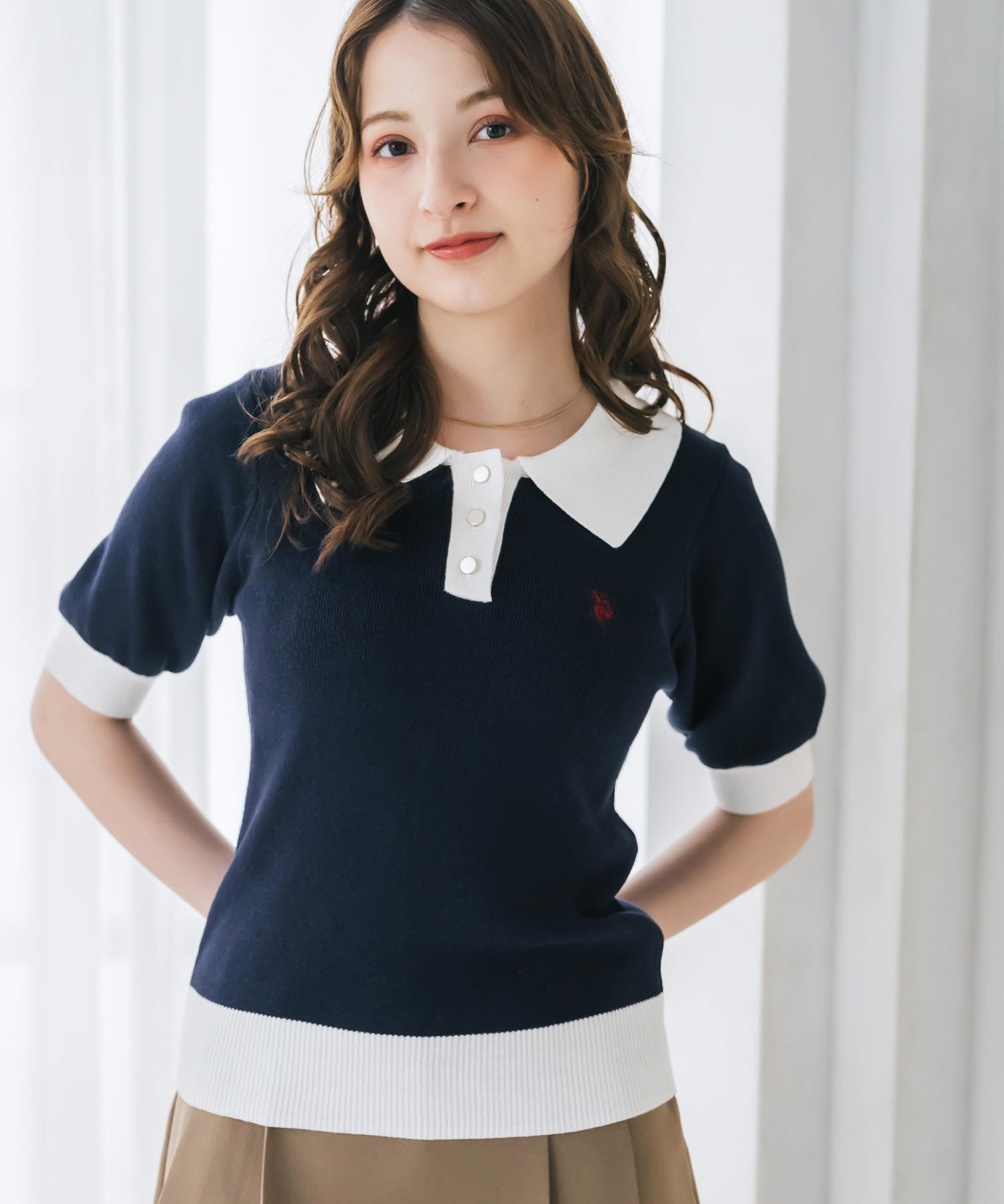 U.S. POLO ASSN. ユーエスポロアッスン W's ワンポイントロゴ刺繍バイカラー半袖ニットポロシャツ 無地/ボーダー 15636