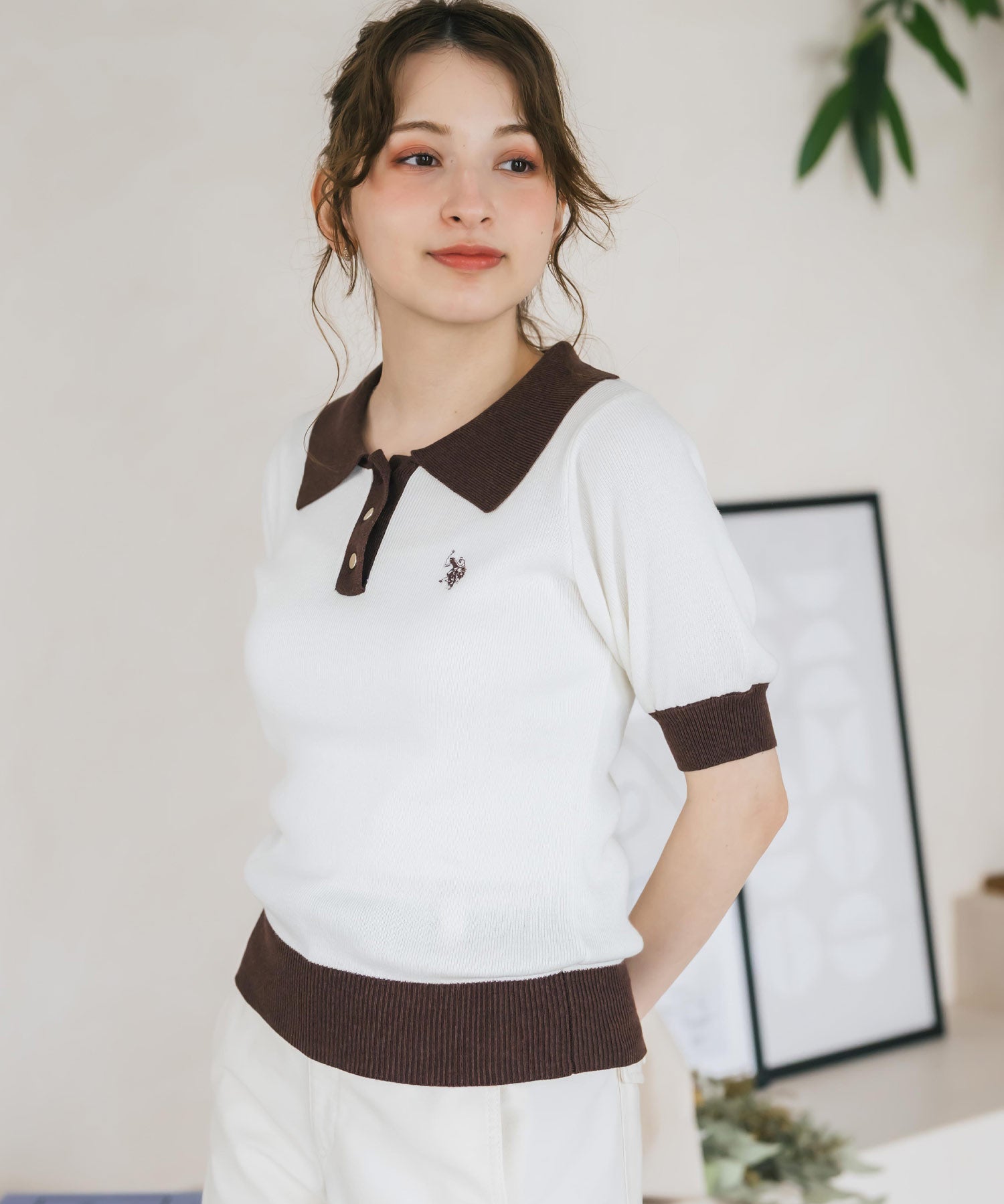 U.S. POLO ASSN. ユーエスポロアッスン W's ワンポイントロゴ刺繍バイカラー半袖ニットポロシャツ 無地/ボーダー 15636