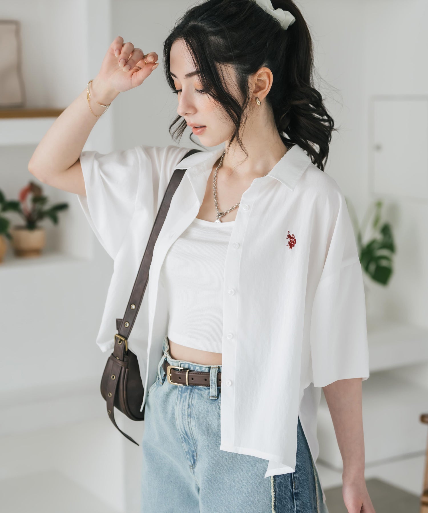 U.S. POLO ASSN. ユーエスポロアッスン W's ワンポイントロゴ刺繍ショート丈半袖気流シャツ 15637