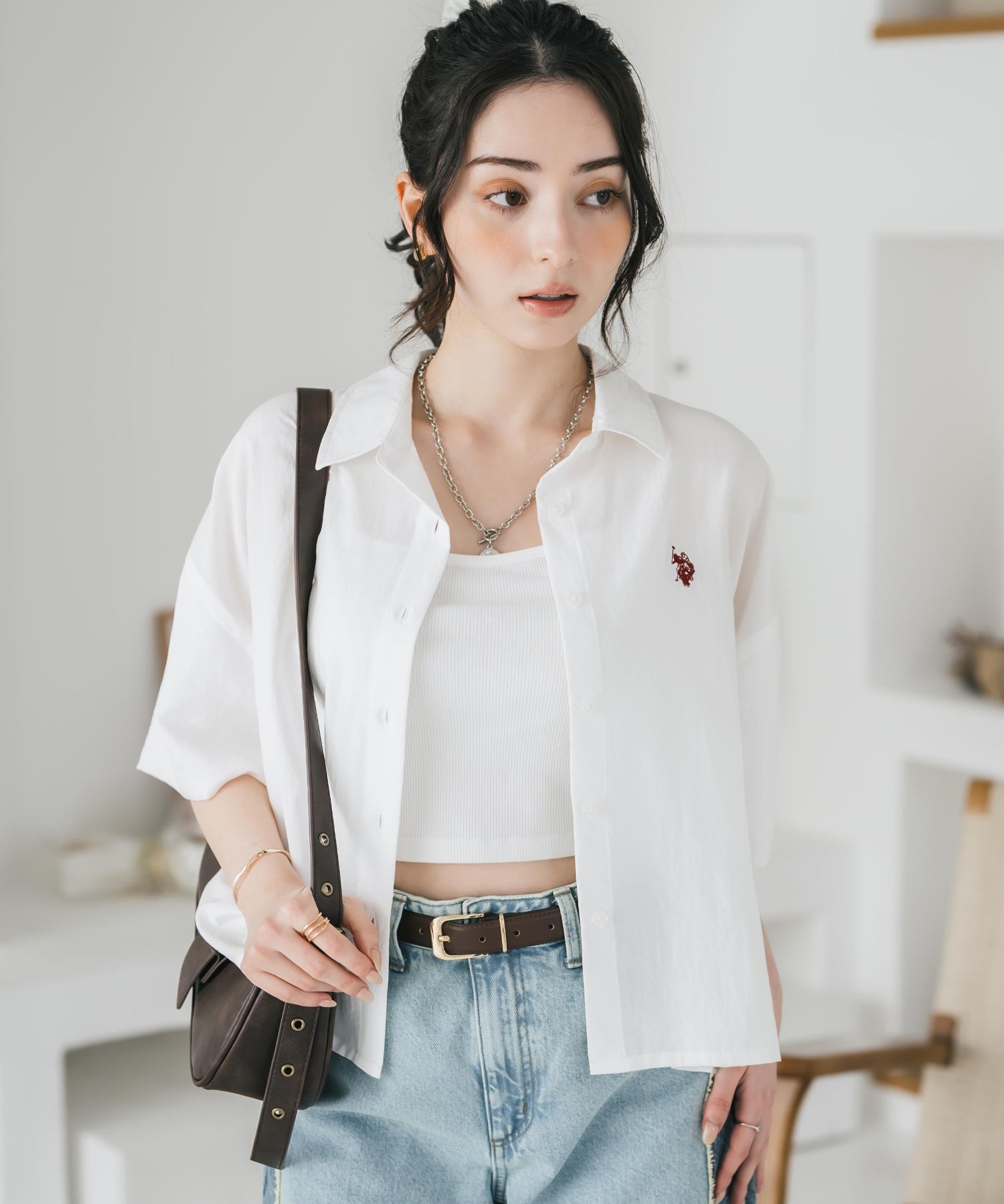 U.S. POLO ASSN. ユーエスポロアッスン W's ワンポイントロゴ刺繍ショート丈半袖気流シャツ 15637