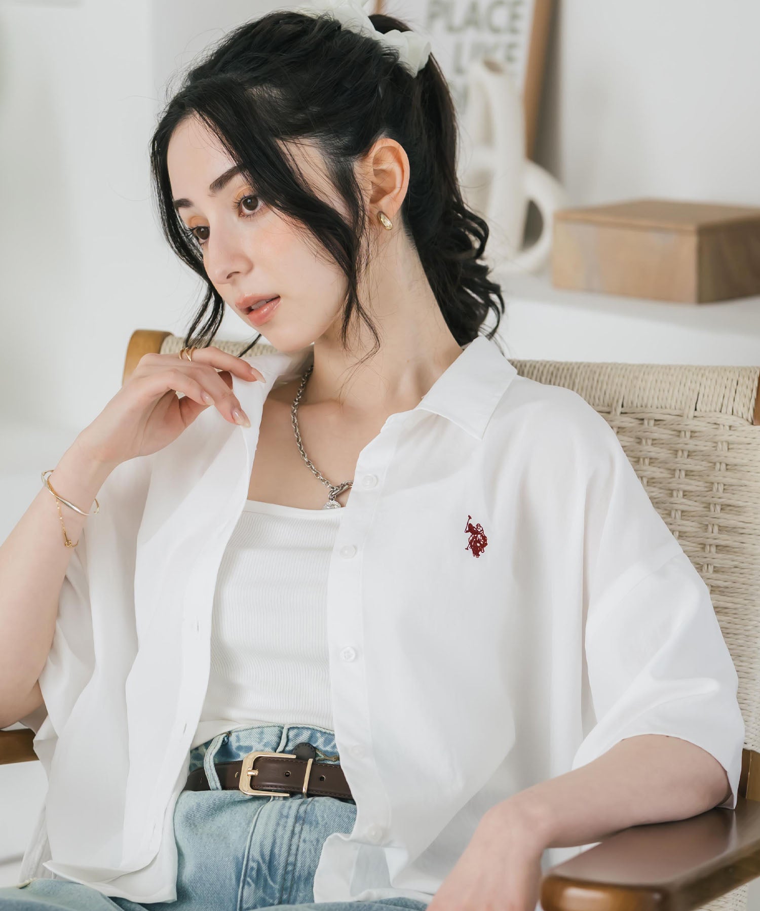 U.S. POLO ASSN. ユーエスポロアッスン W's ワンポイントロゴ刺繍ショート丈半袖気流シャツ 15637