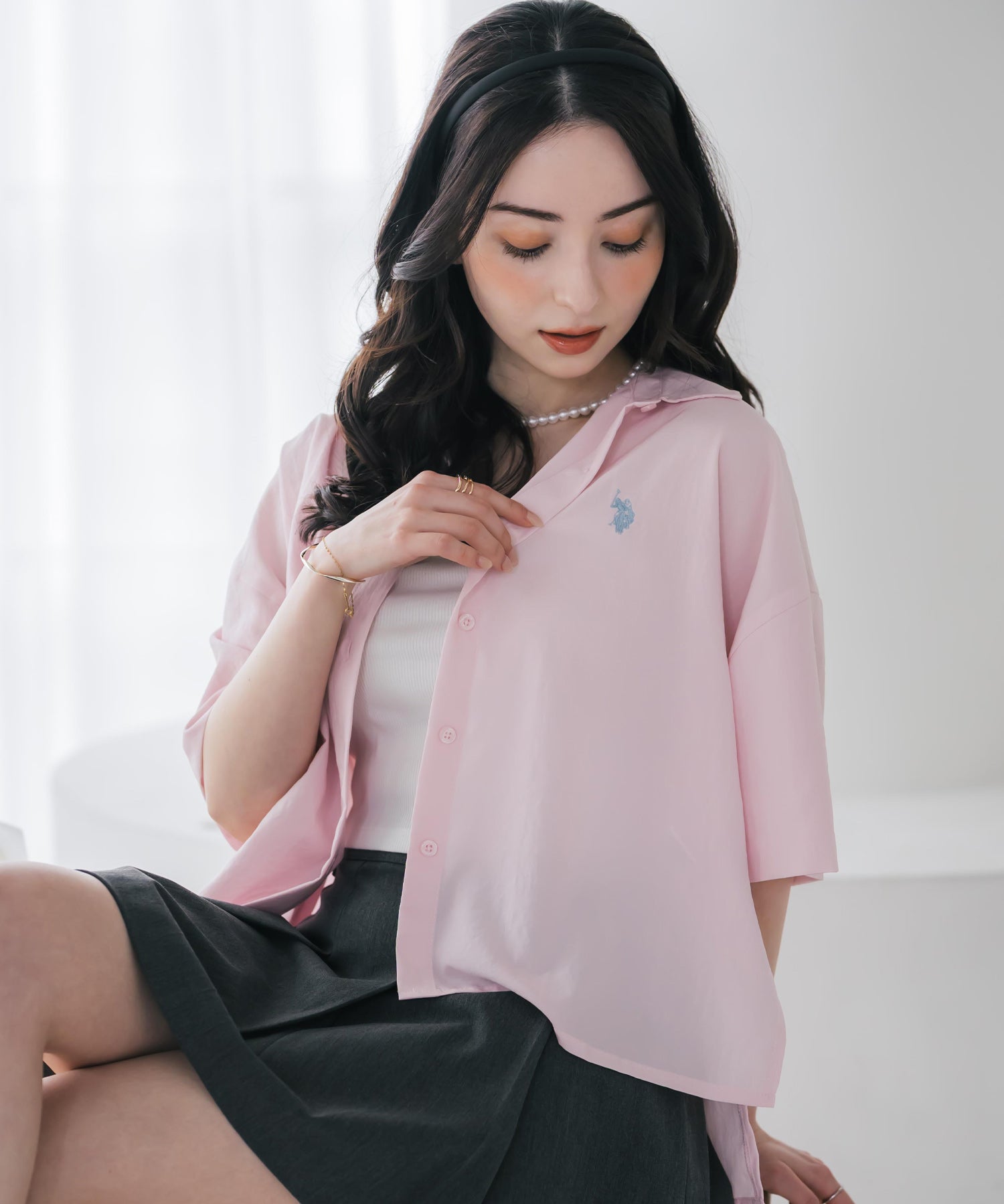 U.S. POLO ASSN. ユーエスポロアッスン W's ワンポイントロゴ刺繍ショート丈半袖気流シャツ 15637
