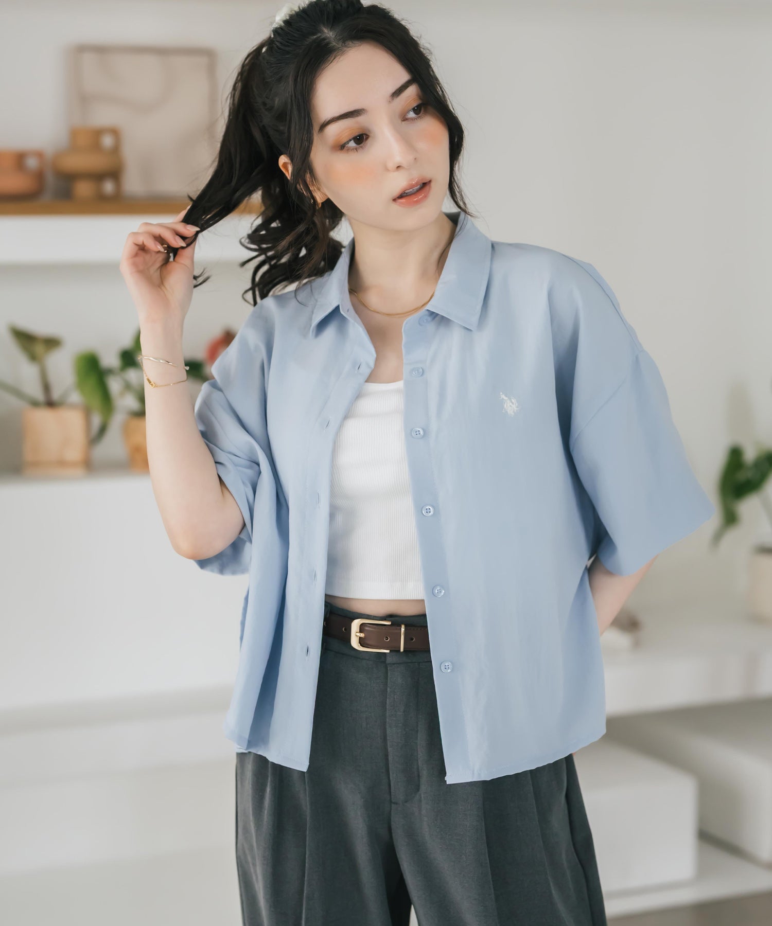 U.S. POLO ASSN. ユーエスポロアッスン W's ワンポイントロゴ刺繍ショート丈半袖気流シャツ 15637