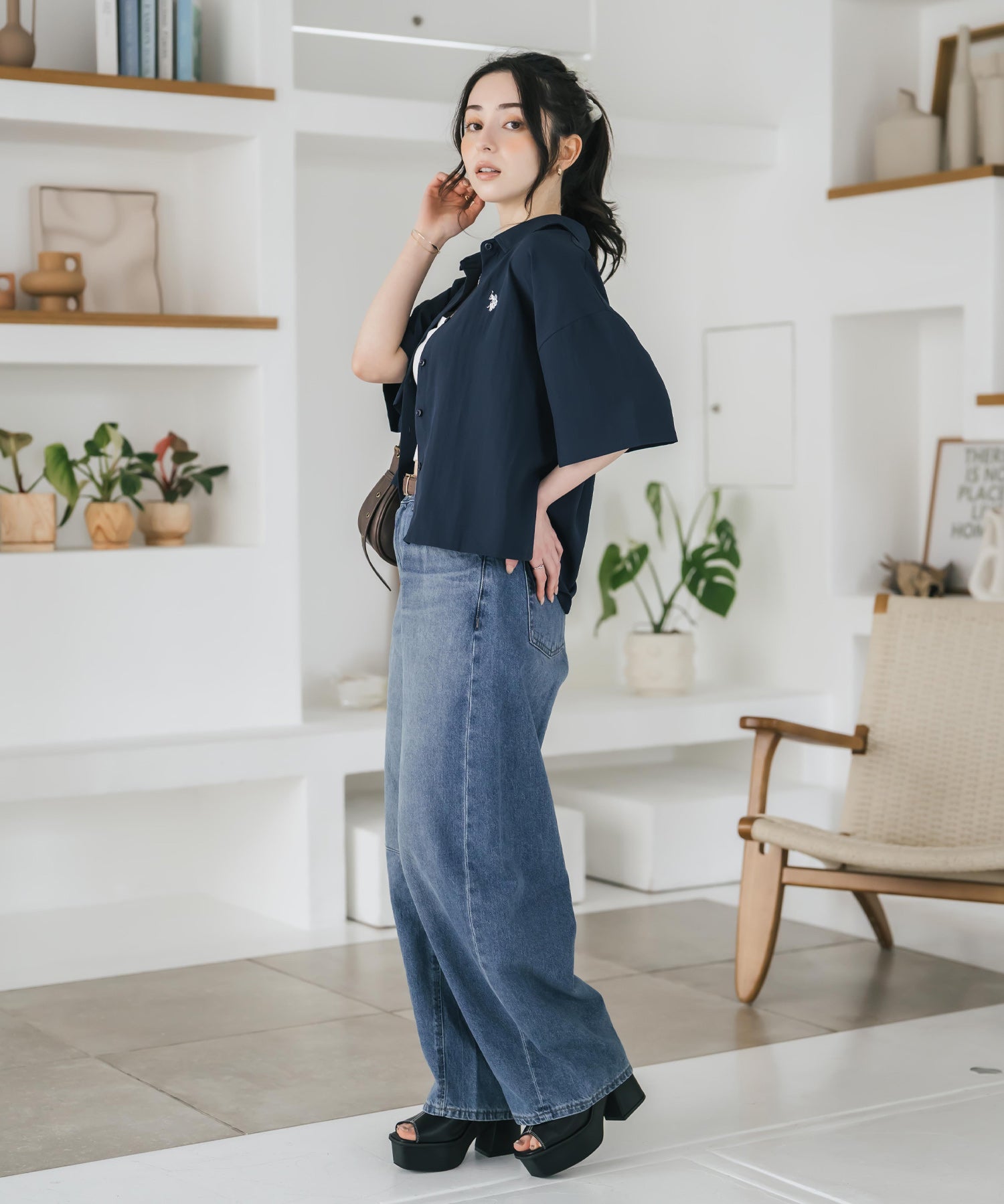U.S. POLO ASSN. ユーエスポロアッスン W's ワンポイントロゴ刺繍ショート丈半袖気流シャツ 15637