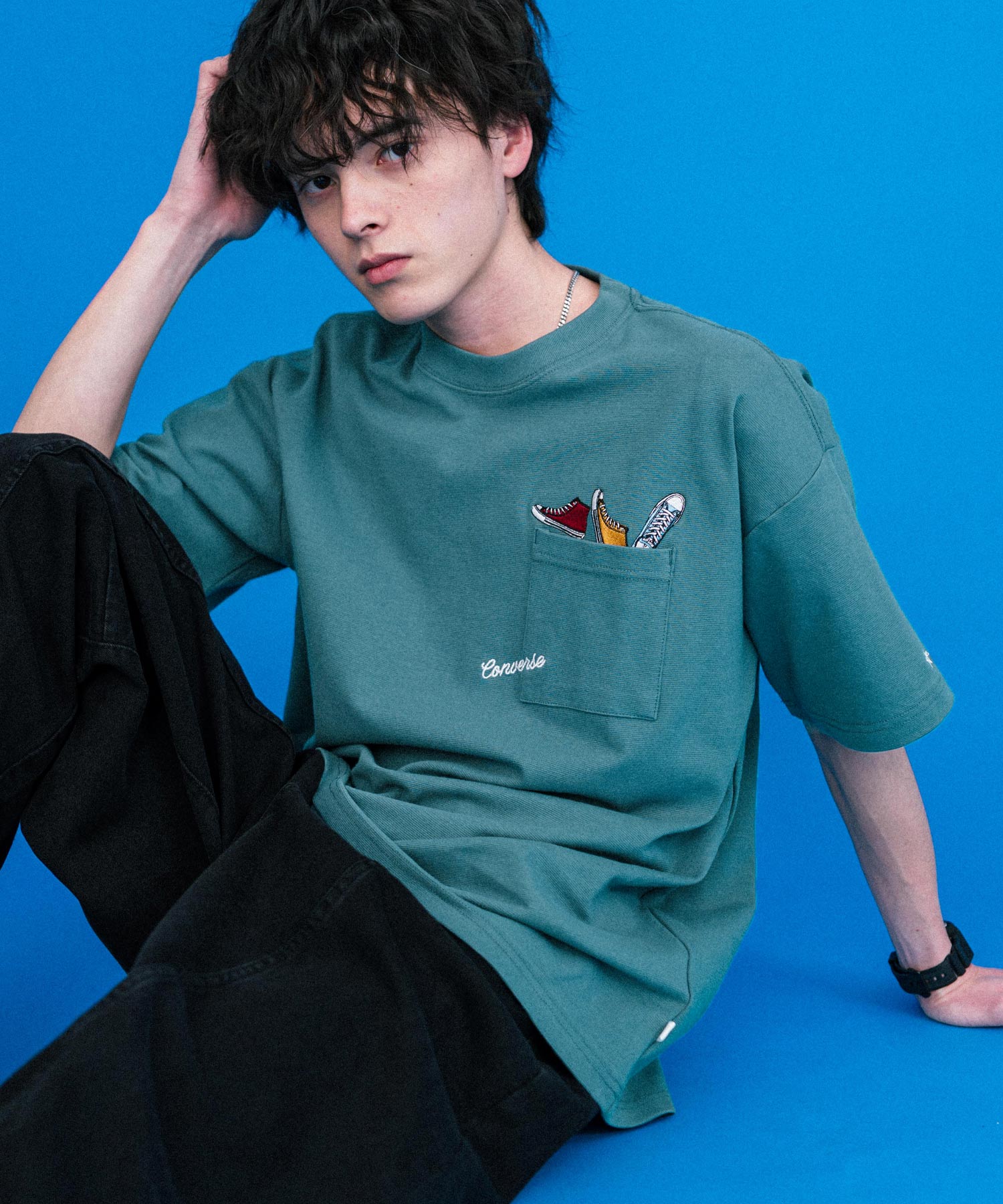 CONVERSE コンバース オーバーサイズフライスシューズエンブレム刺繍胸ポケット付きクルーネック半袖Tシャツ 15725