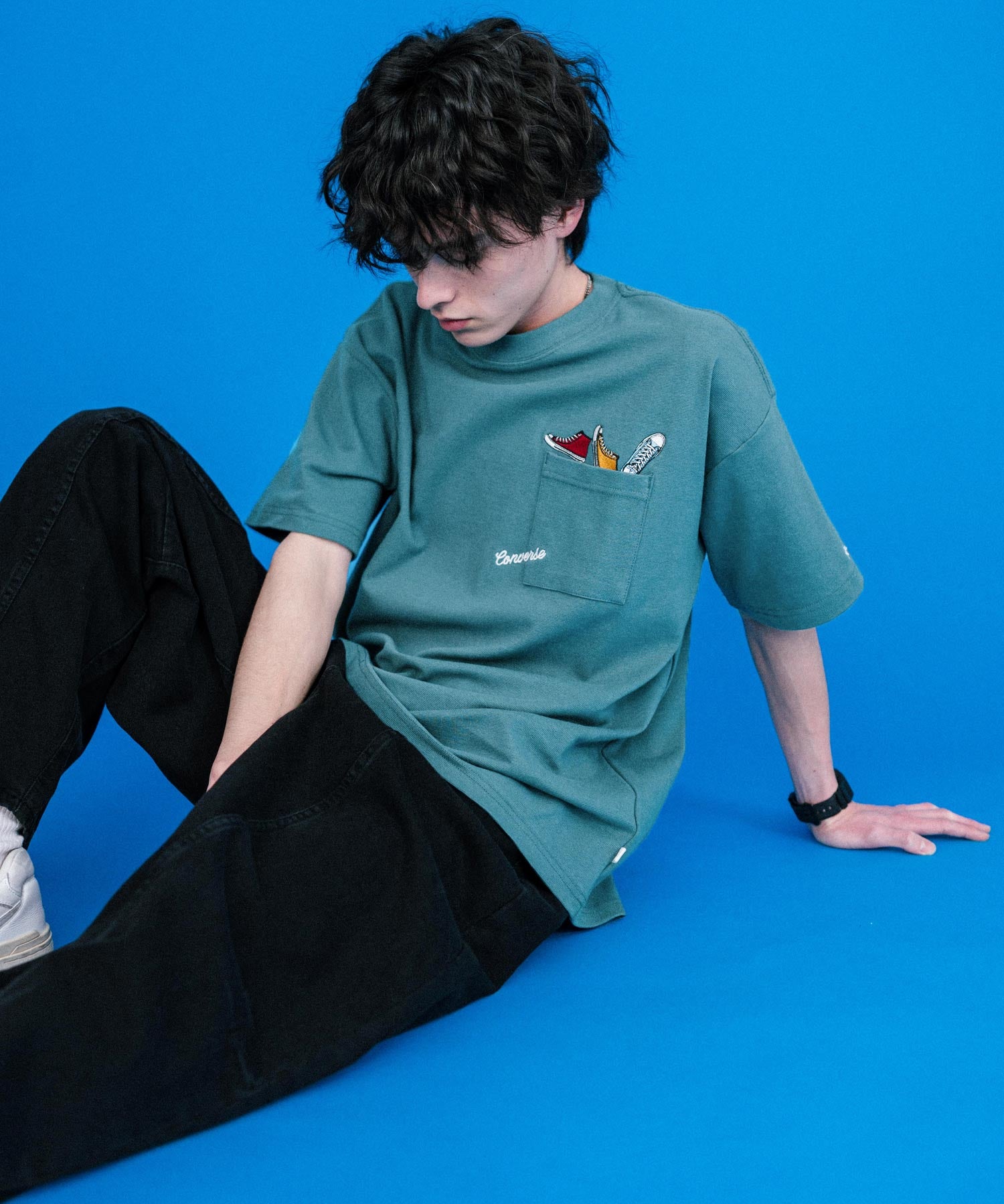 CONVERSE コンバース オーバーサイズフライスシューズエンブレム刺繍胸ポケット付きクルーネック半袖Tシャツ 15725