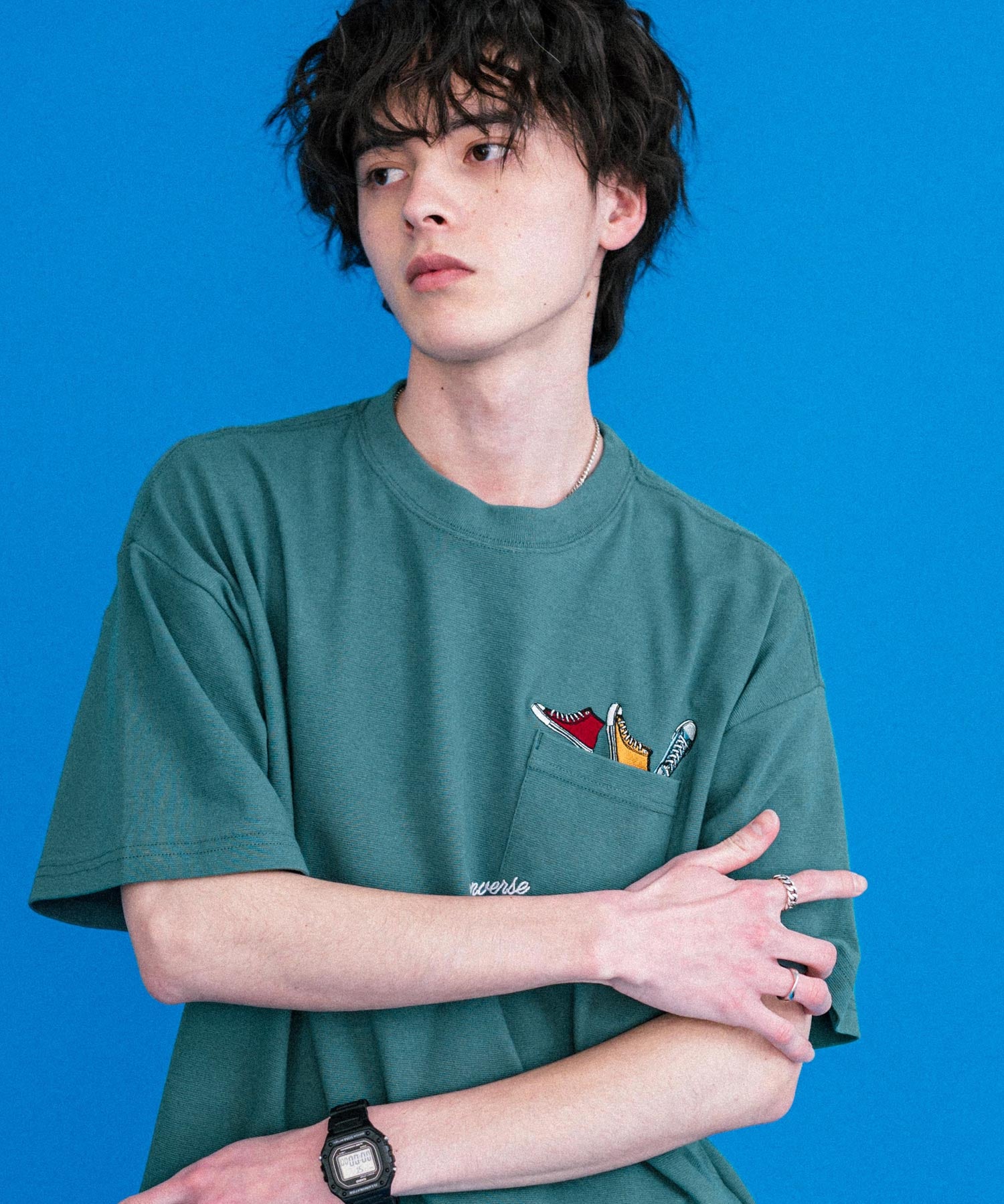 CONVERSE コンバース オーバーサイズフライスシューズエンブレム刺繍胸ポケット付きクルーネック半袖Tシャツ 15725