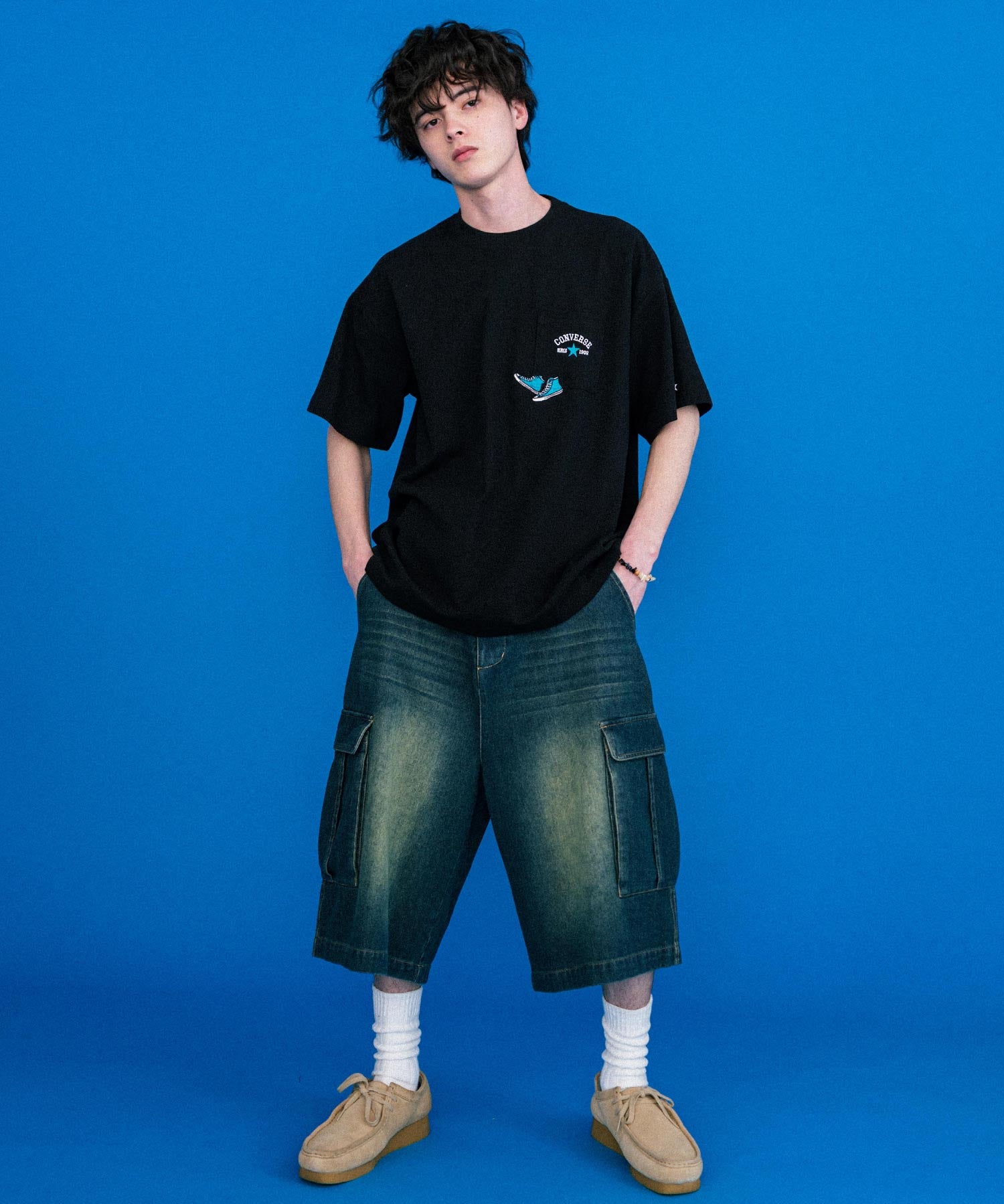 CONVERSE コンバース オーバーサイズフライスシューズエンブレム刺繍胸ポケット付きクルーネック半袖Tシャツ 15725