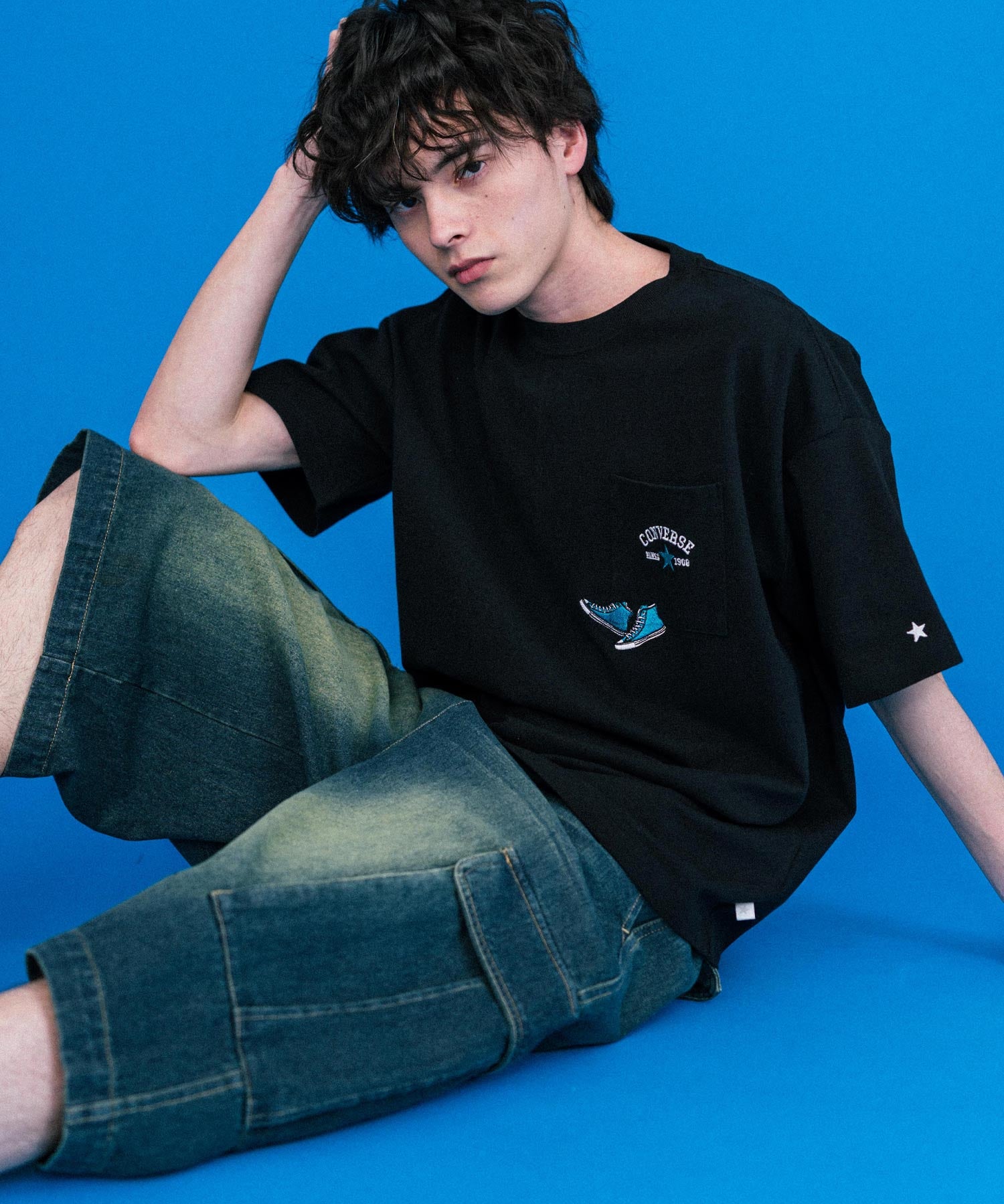 CONVERSE コンバース オーバーサイズフライスシューズエンブレム刺繍胸ポケット付きクルーネック半袖Tシャツ 15725