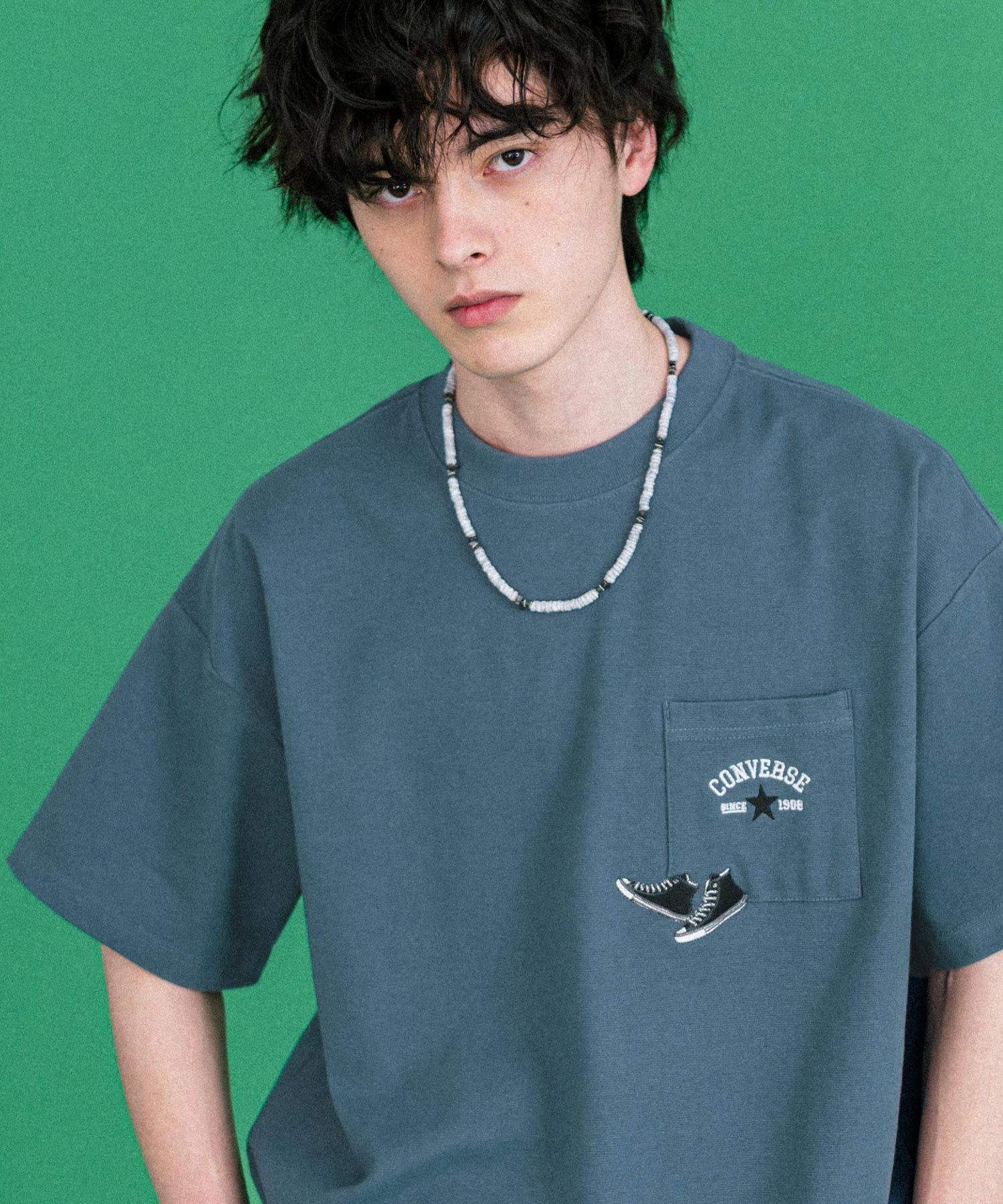 CONVERSE コンバース オーバーサイズフライスシューズエンブレム刺繍胸ポケット付きクルーネック半袖Tシャツ 15725