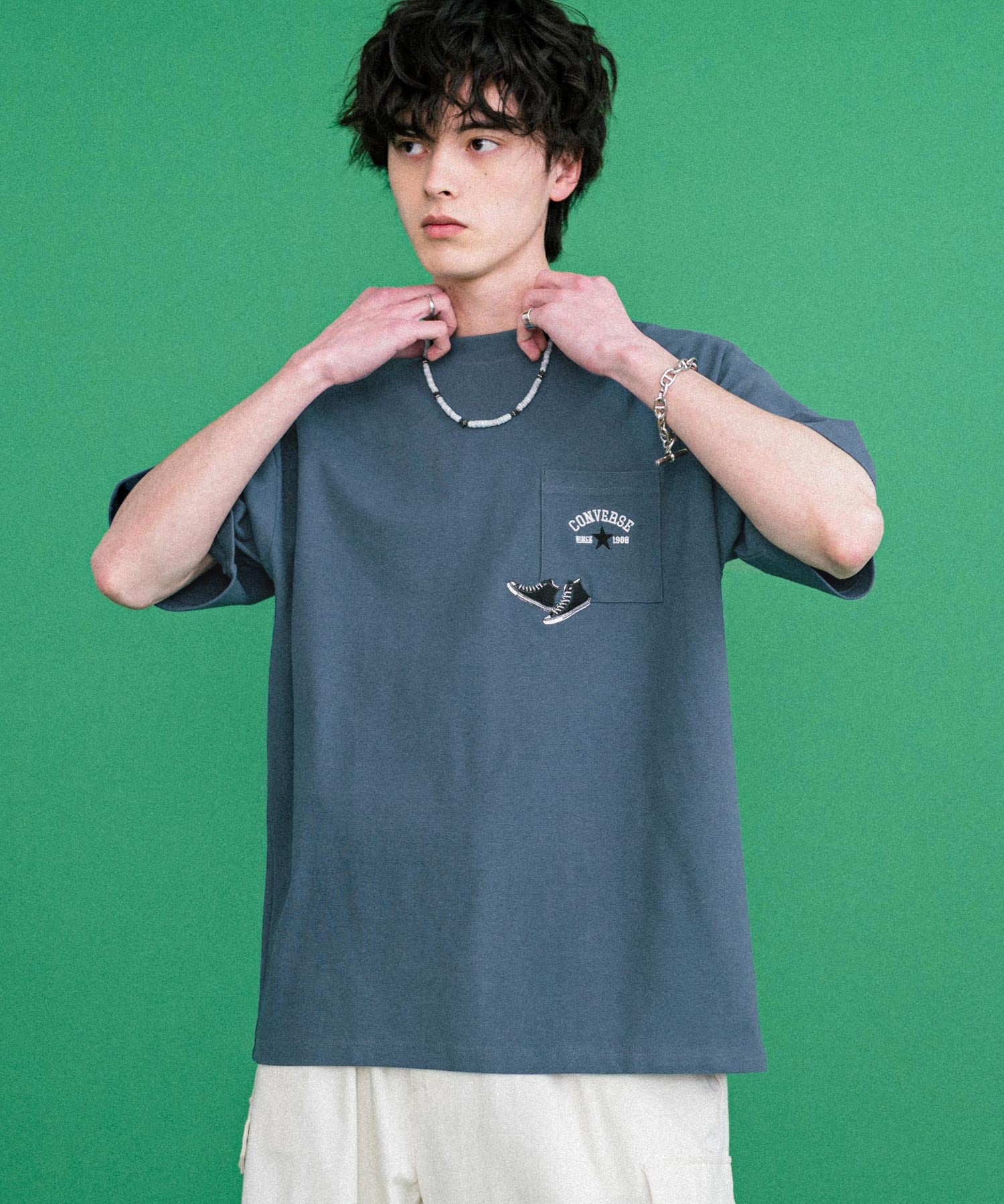 CONVERSE コンバース オーバーサイズフライスシューズエンブレム刺繍胸ポケット付きクルーネック半袖Tシャツ 15725