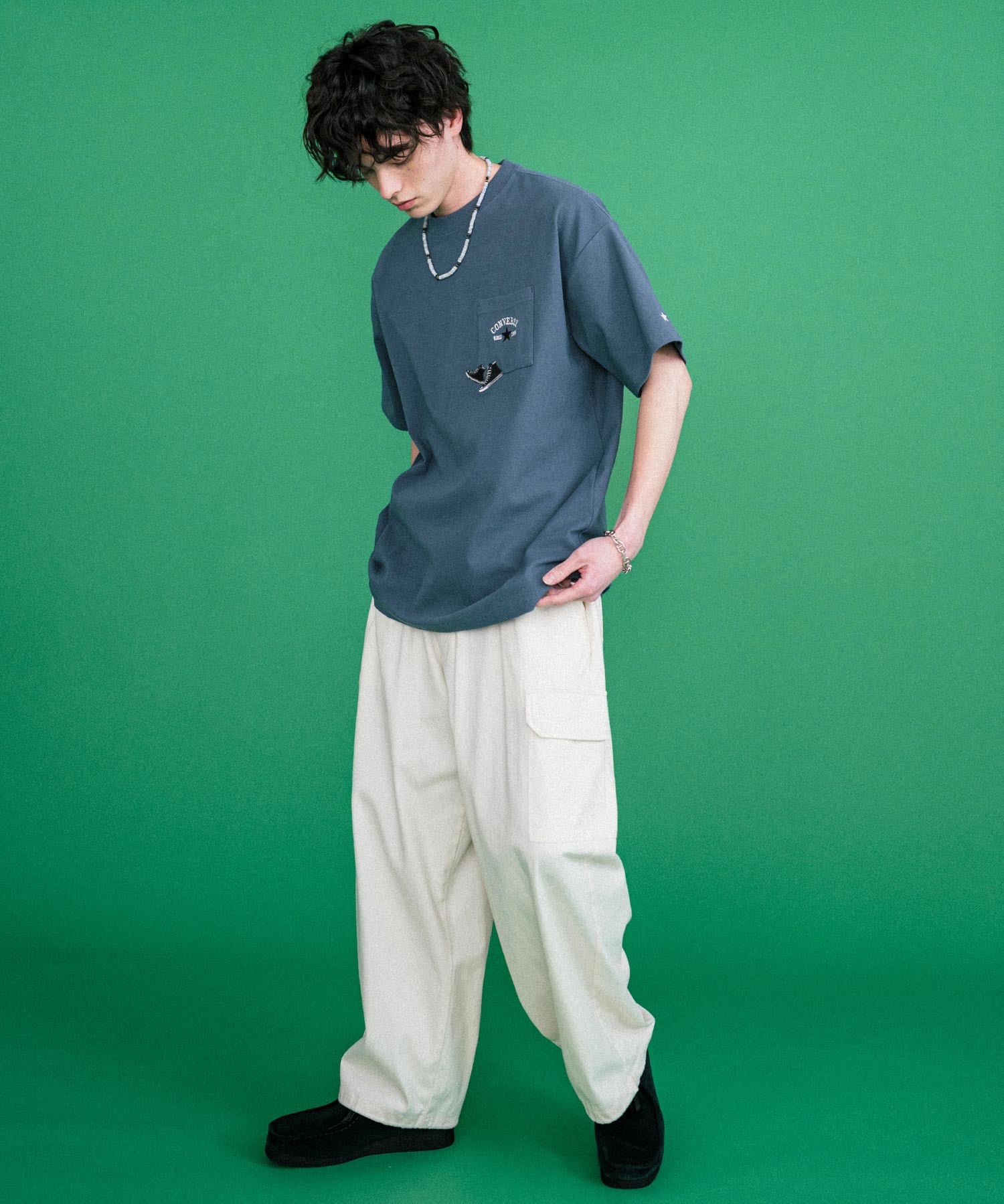 CONVERSE コンバース オーバーサイズフライスシューズエンブレム刺繍胸ポケット付きクルーネック半袖Tシャツ 15725