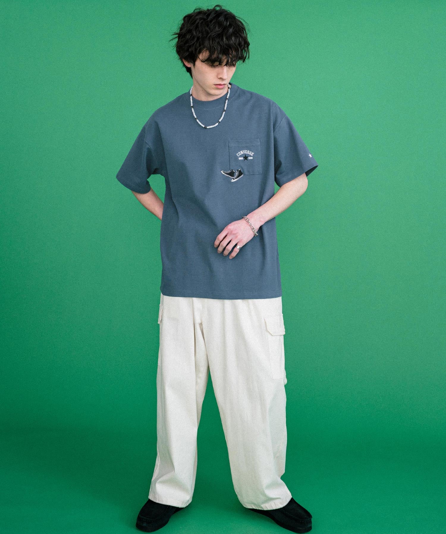 CONVERSE コンバース オーバーサイズフライスシューズエンブレム刺繍胸ポケット付きクルーネック半袖Tシャツ 15725