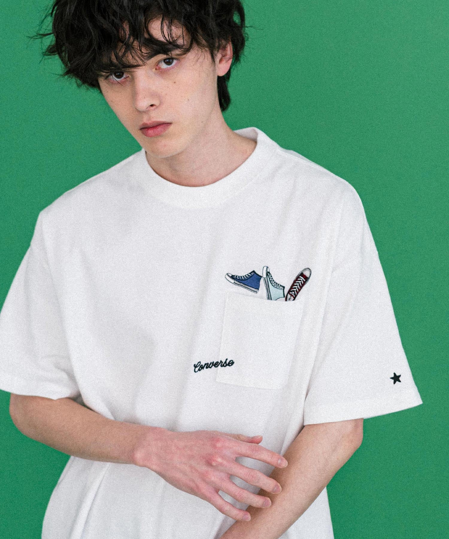 CONVERSE コンバース オーバーサイズフライスシューズエンブレム刺繍胸ポケット付きクルーネック半袖Tシャツ 15725