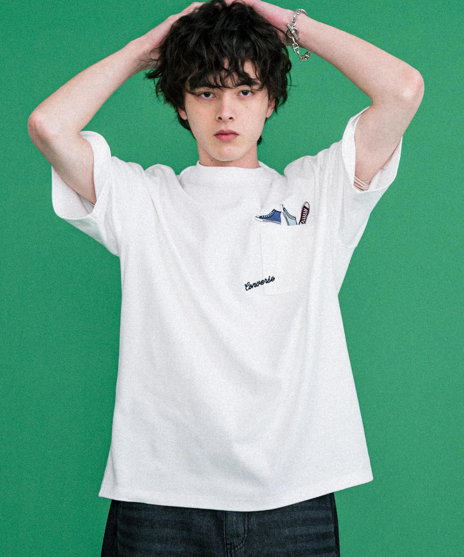 CONVERSE コンバース オーバーサイズフライスシューズエンブレム刺繍胸ポケット付きクルーネック半袖Tシャツ 15725