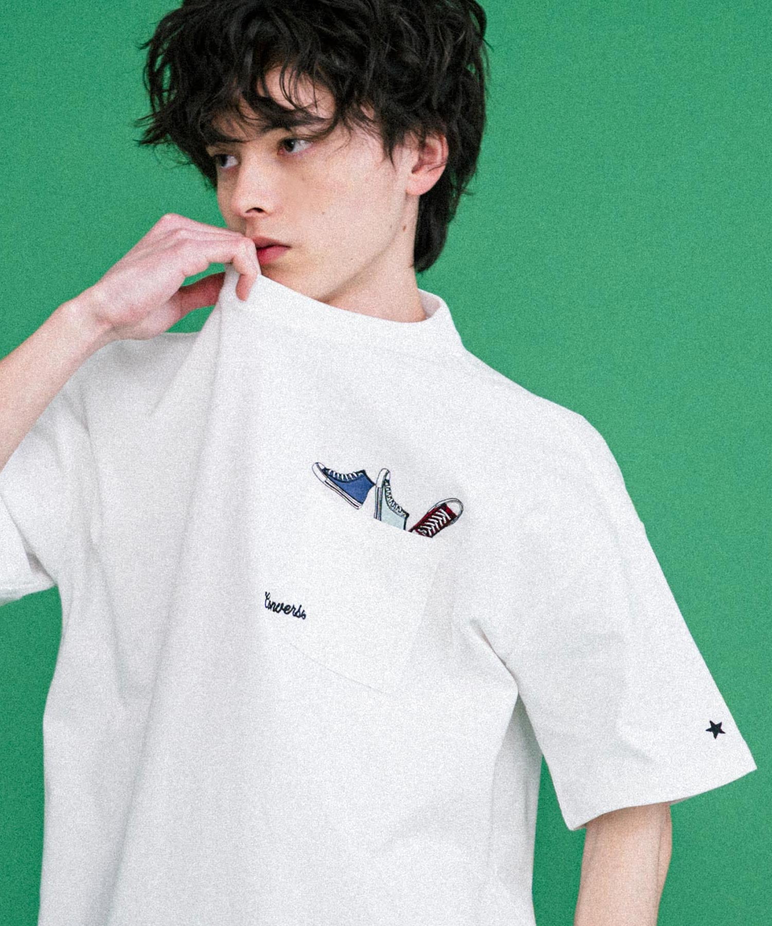 CONVERSE コンバース オーバーサイズフライスシューズエンブレム刺繍胸ポケット付きクルーネック半袖Tシャツ 15725