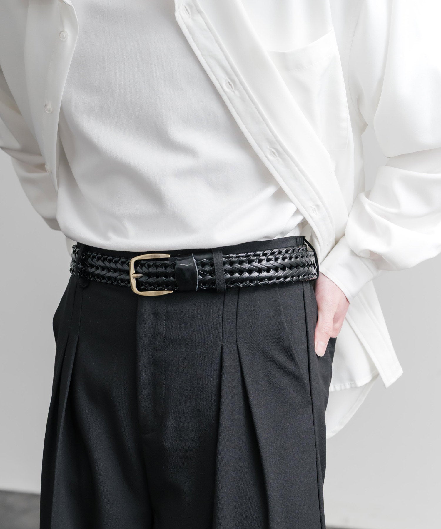 リアルレザー 本革 ラウンドスクエアバックルメッシュベルト 15729