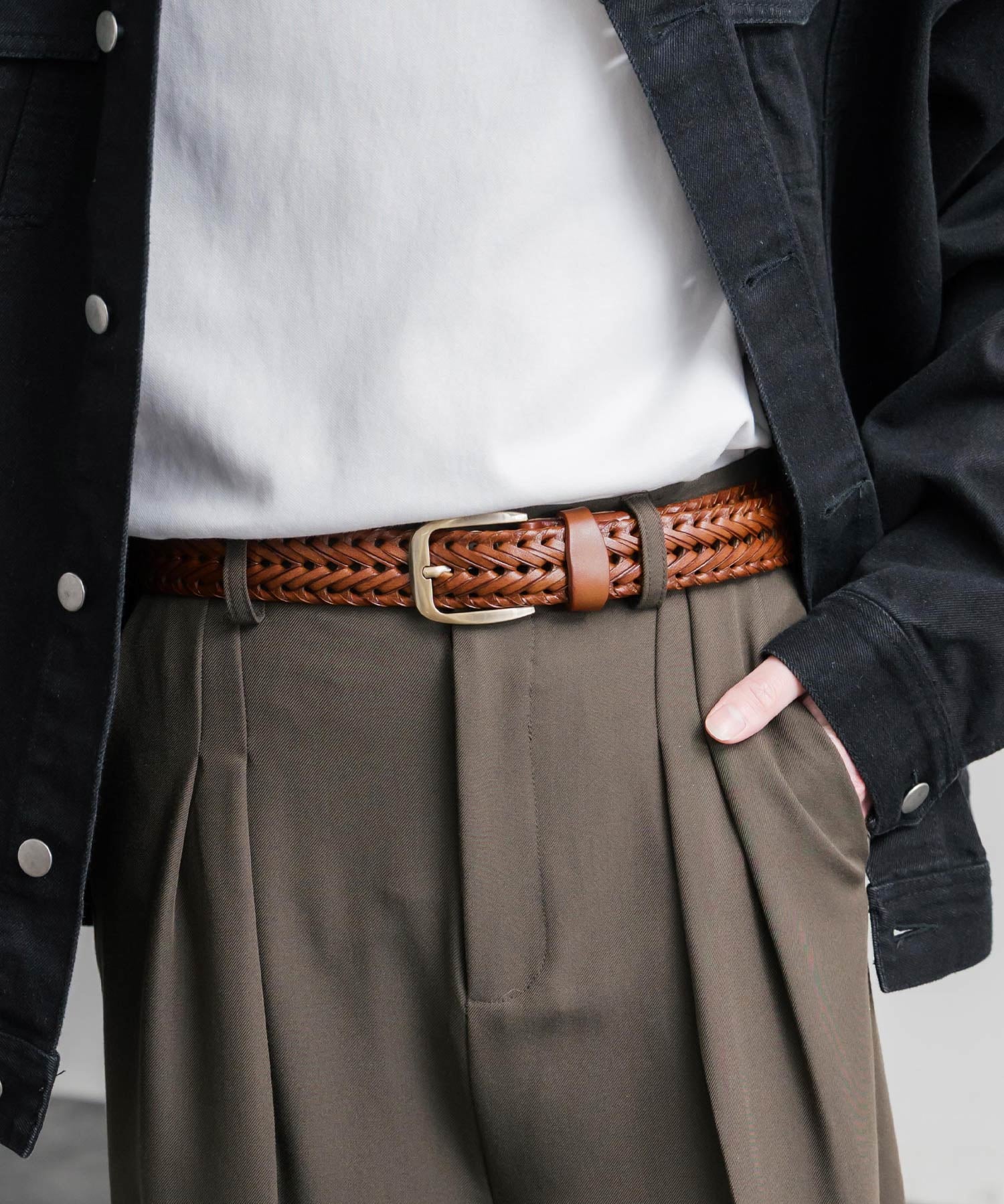 リアルレザー 本革 ラウンドスクエアバックルメッシュベルト 15729