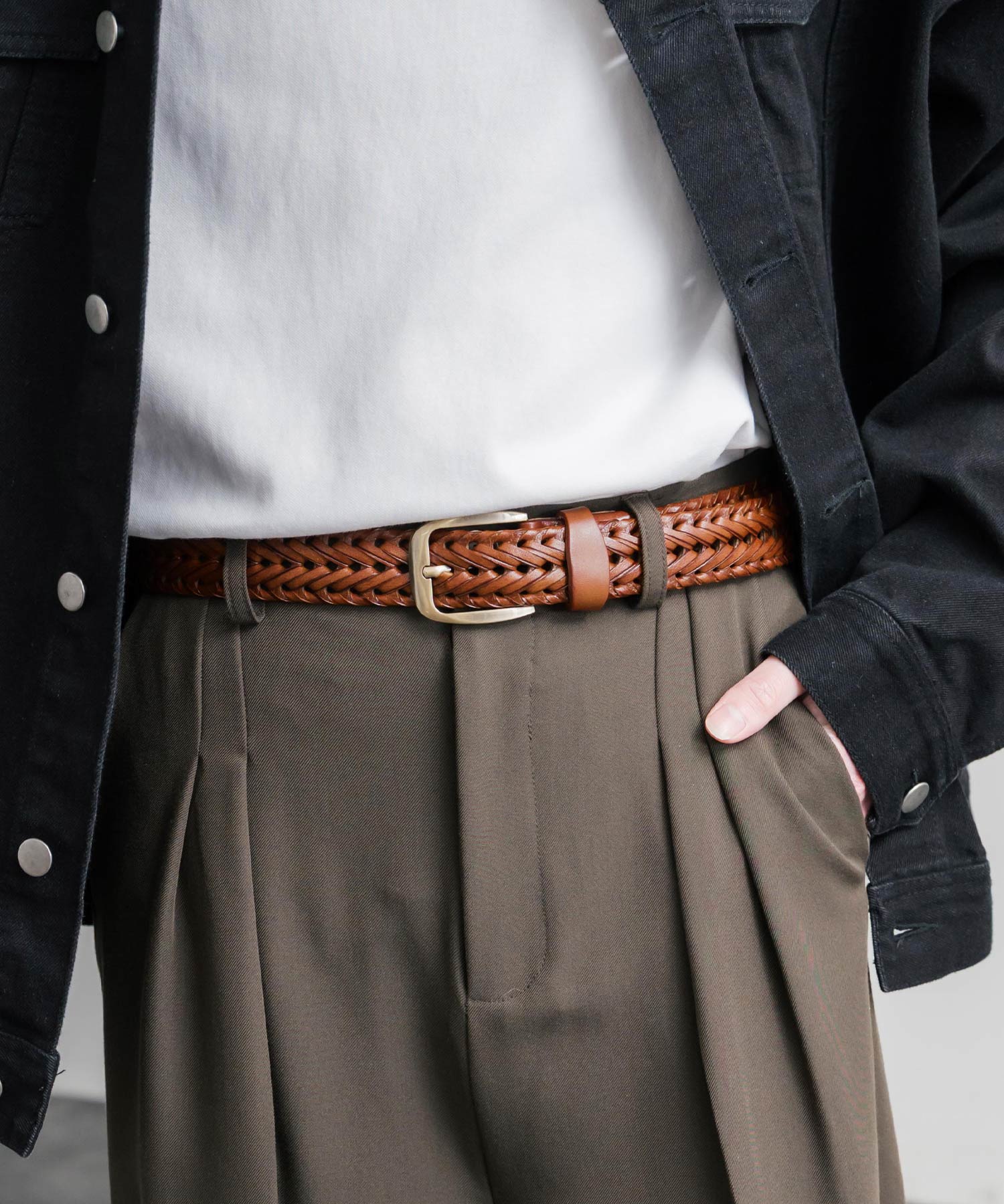 リアルレザー 本革 ラウンドスクエアバックルメッシュベルト 15729