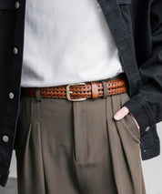 リアルレザー 本革 ラウンドスクエアバックルメッシュベルト 15729