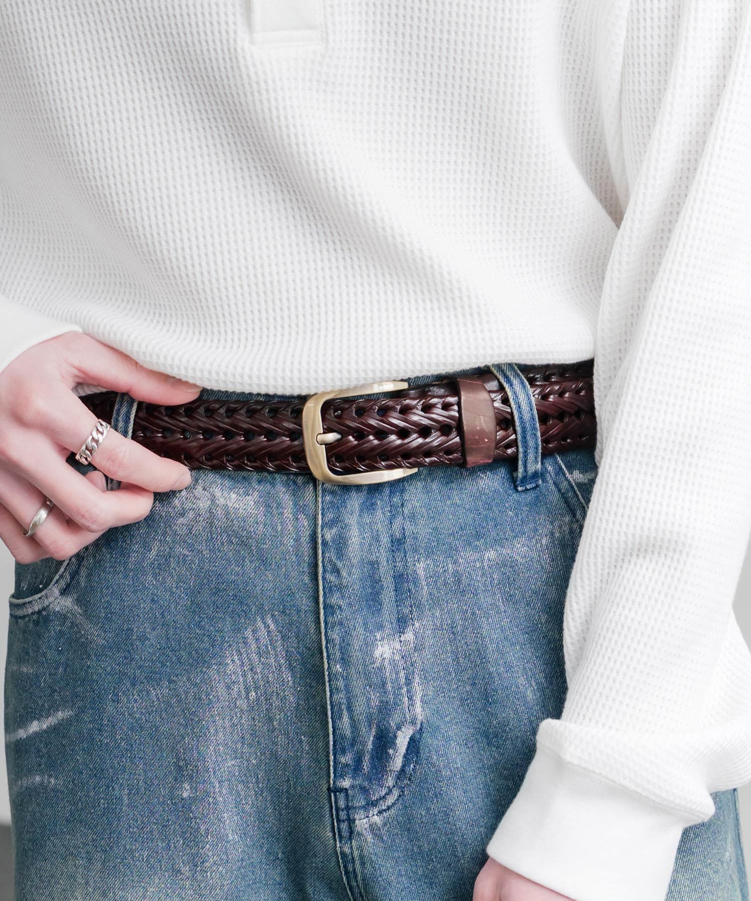 リアルレザー 本革 ラウンドスクエアバックルメッシュベルト 15729