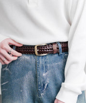 リアルレザー 本革 ラウンドスクエアバックルメッシュベルト 15729