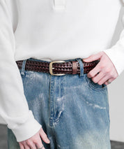 リアルレザー 本革 ラウンドスクエアバックルメッシュベルト 15729