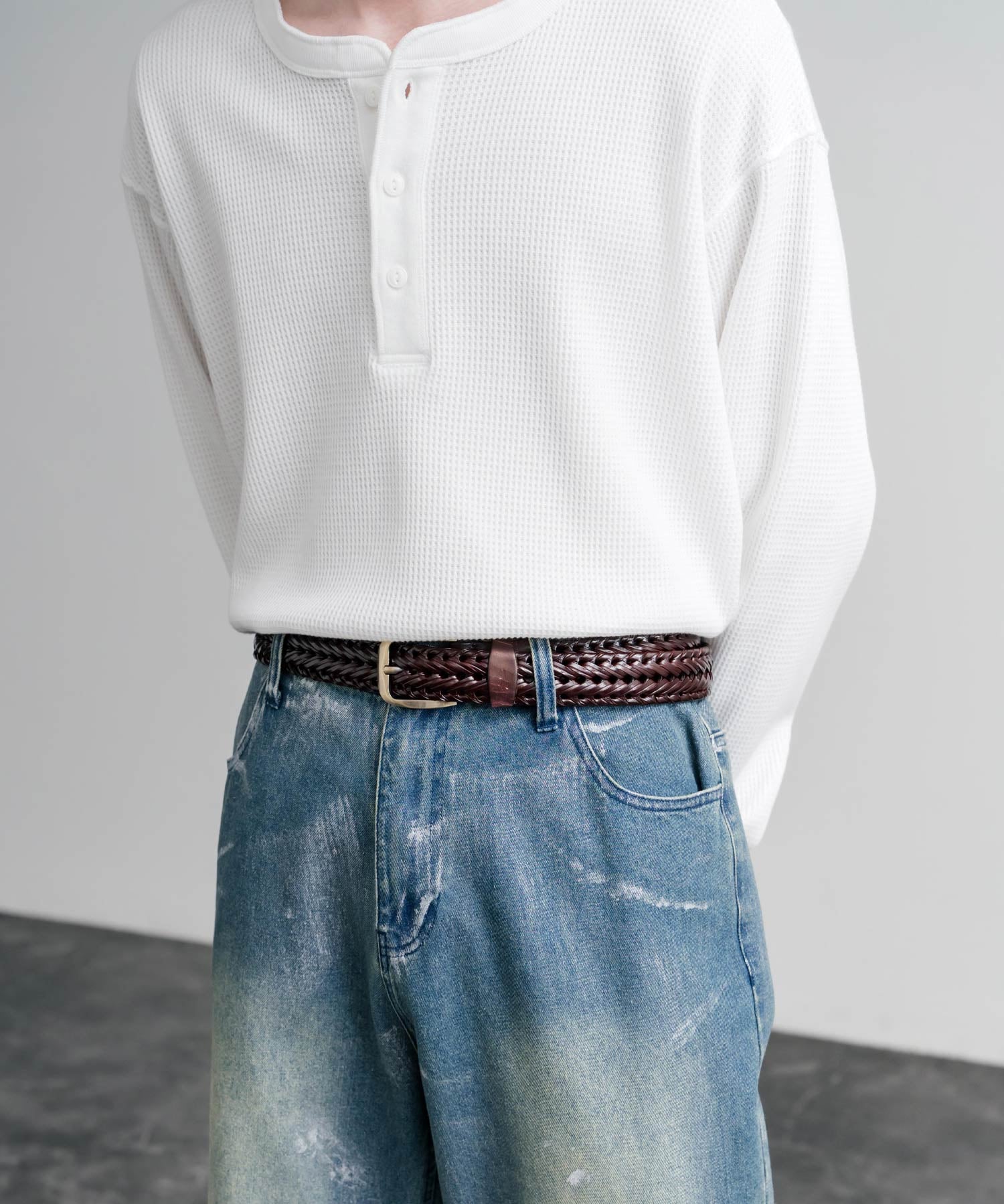 リアルレザー 本革 ラウンドスクエアバックルメッシュベルト 15729