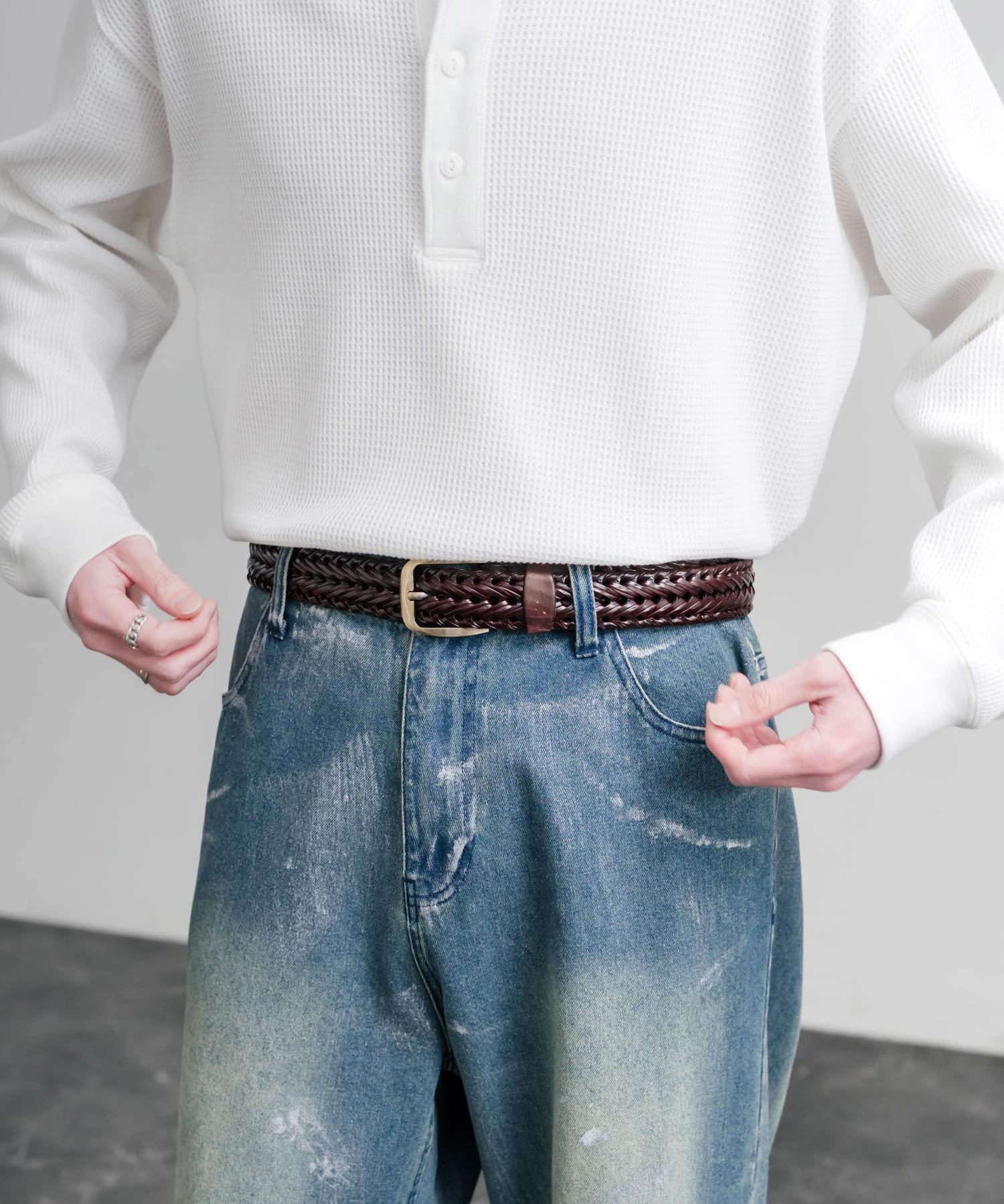 リアルレザー 本革 ラウンドスクエアバックルメッシュベルト 15729