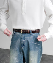 リアルレザー 本革 ラウンドスクエアバックルメッシュベルト 15729