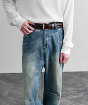 リアルレザー 本革 ラウンドスクエアバックルメッシュベルト 15729