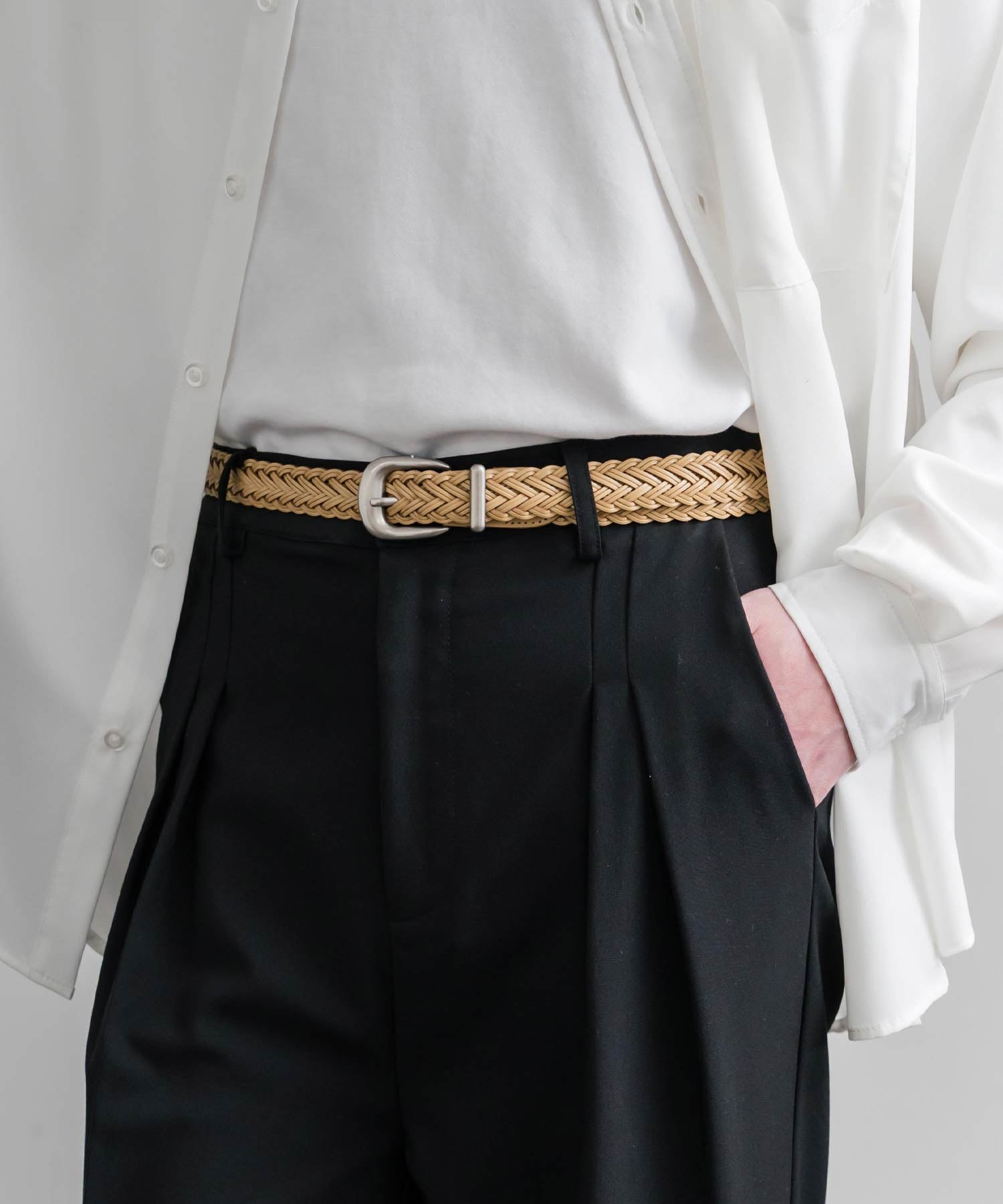 リアルレザー 本革 ラウンドバックルメッシュベルト 15731