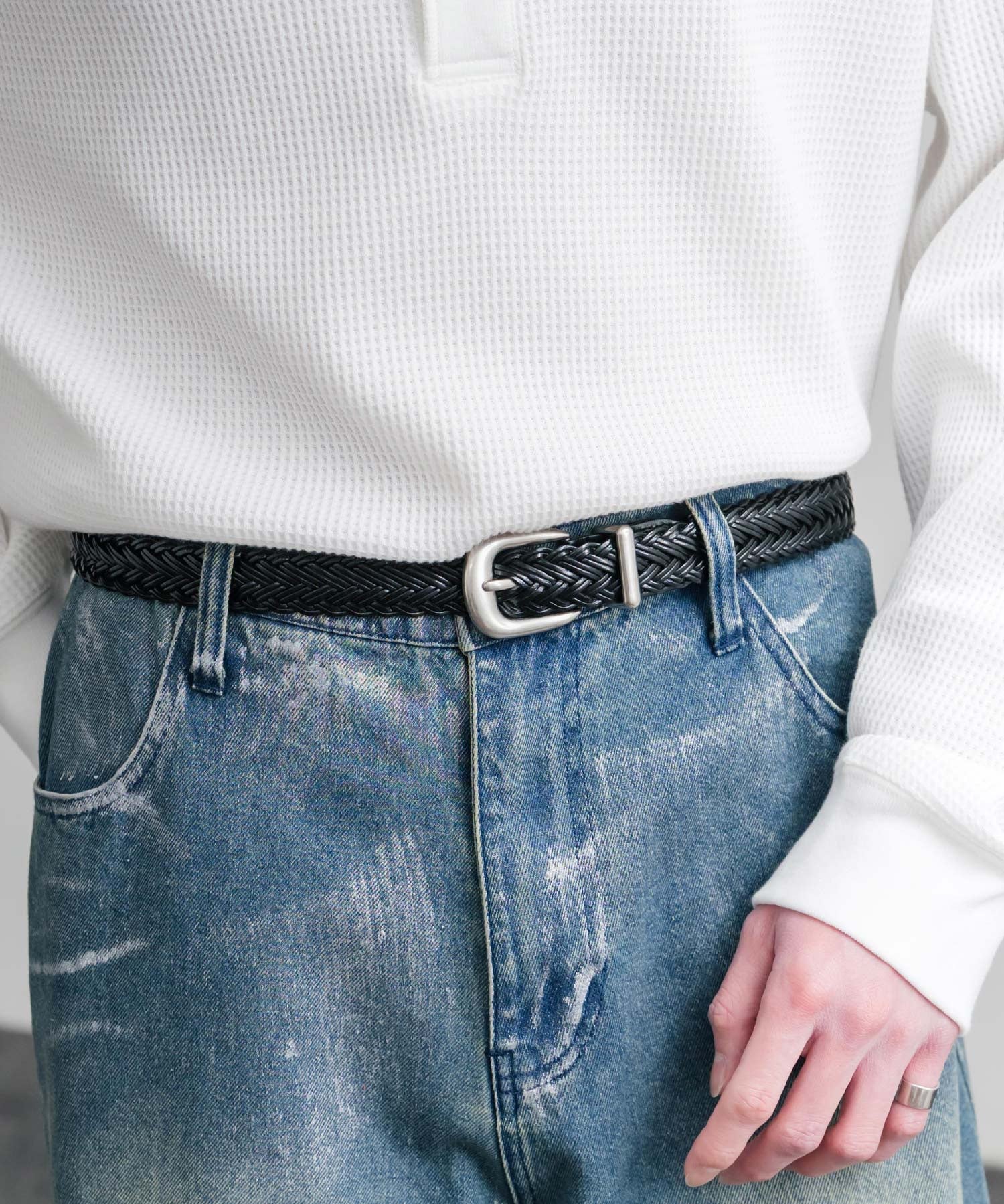 リアルレザー 本革 ラウンドバックルメッシュベルト 15731