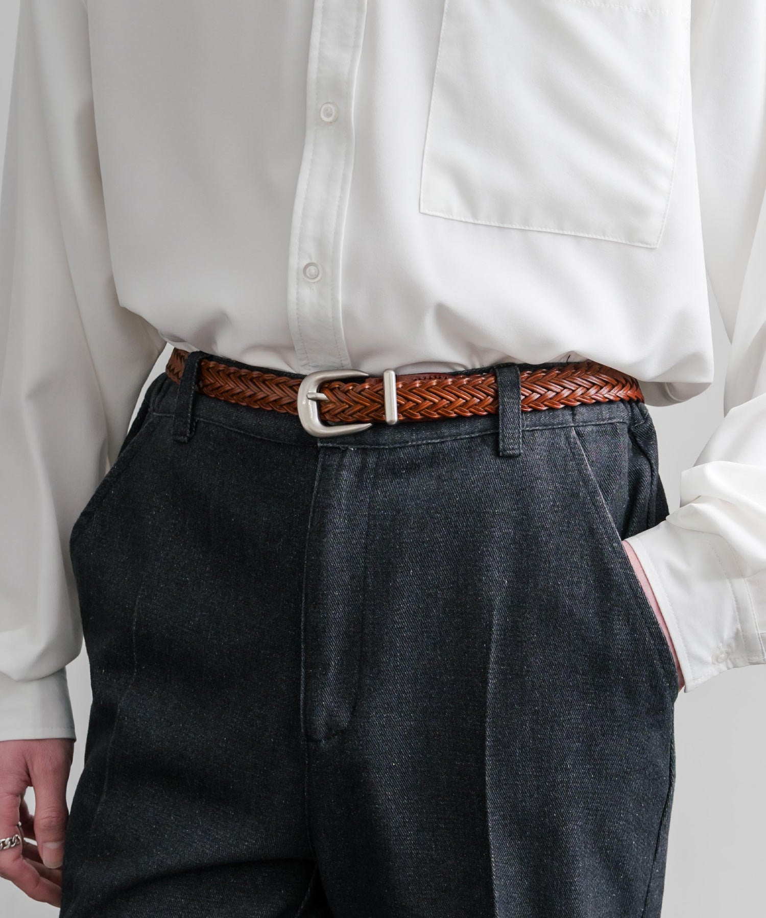 リアルレザー 本革 ラウンドバックルメッシュベルト 15731