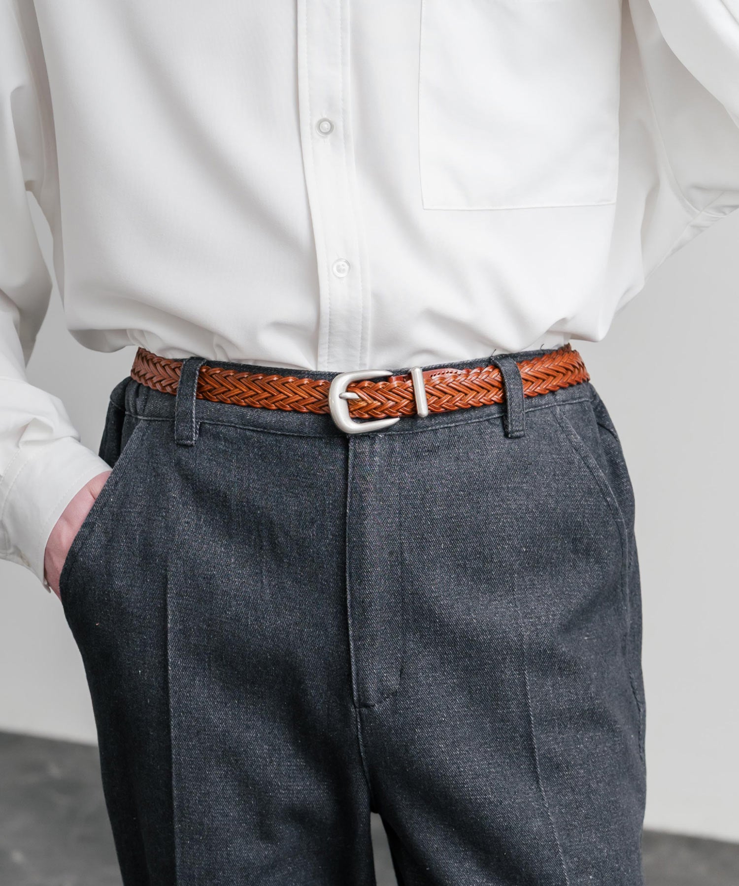 リアルレザー 本革 ラウンドバックルメッシュベルト 15731