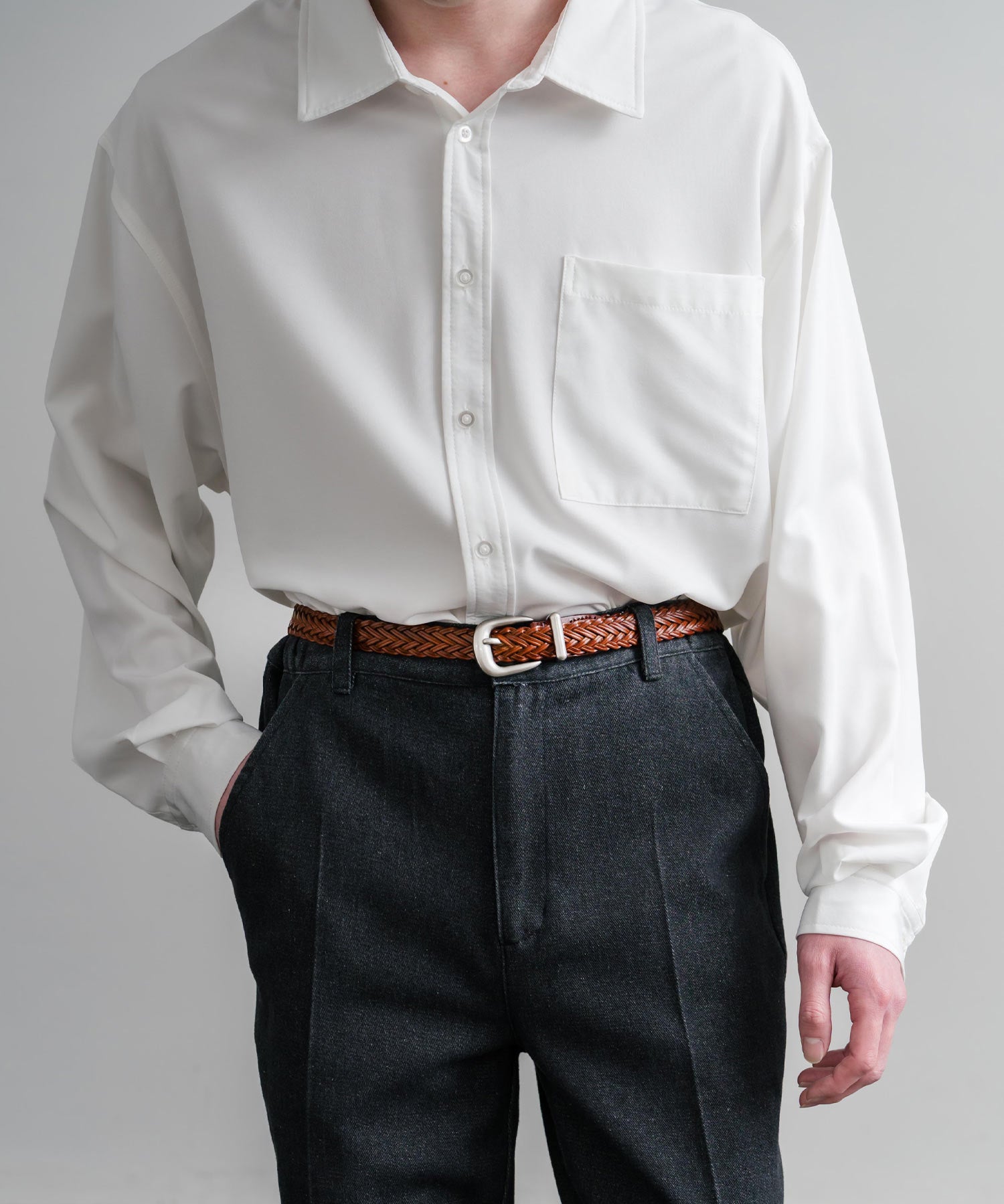 リアルレザー 本革 ラウンドバックルメッシュベルト 15731