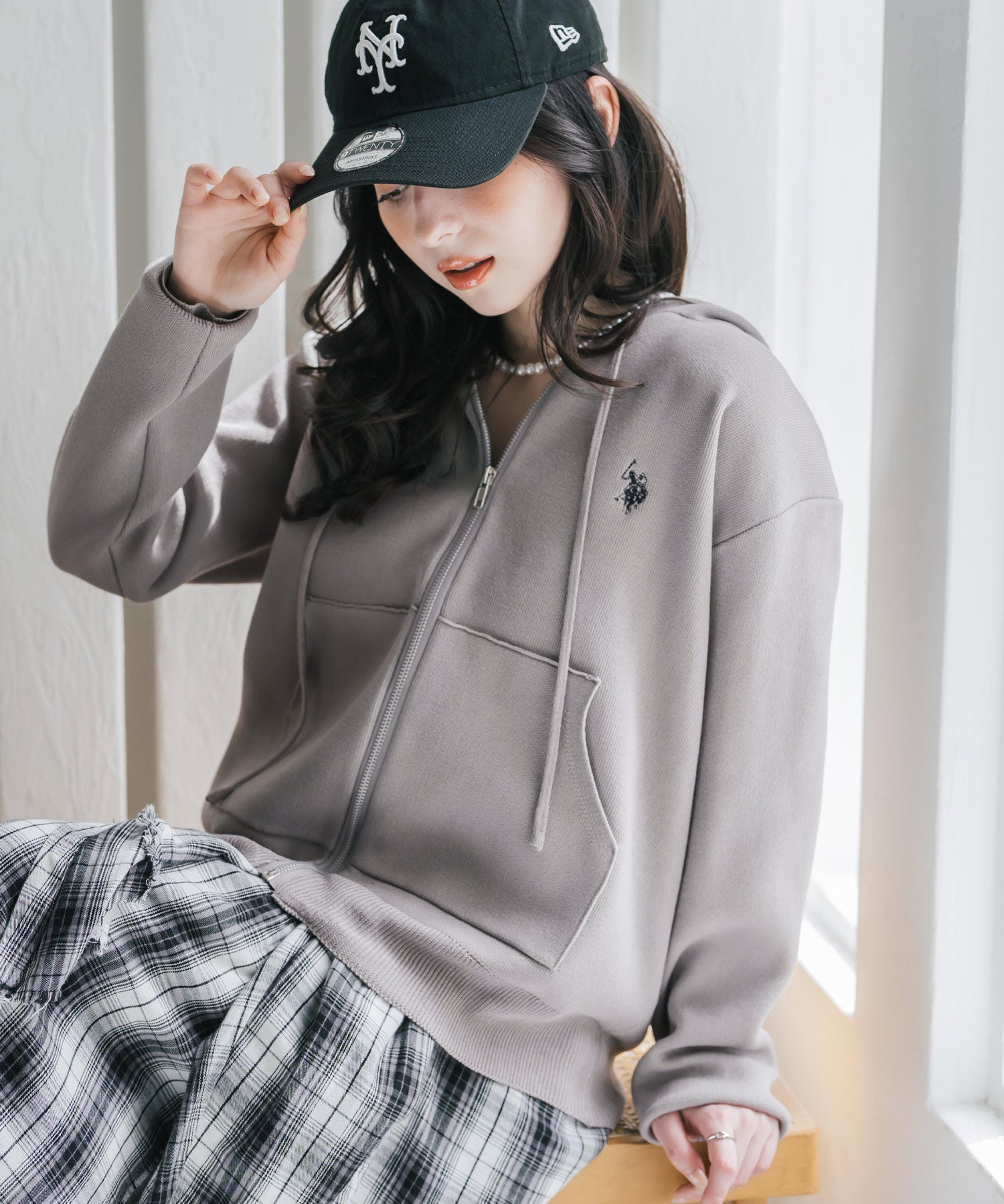 U.S. POLO ASSN. ユーエスポロアッスン W's オーバーサイズワンポイントロゴ刺繍スウェットライクニット短丈長袖パーカー 15732