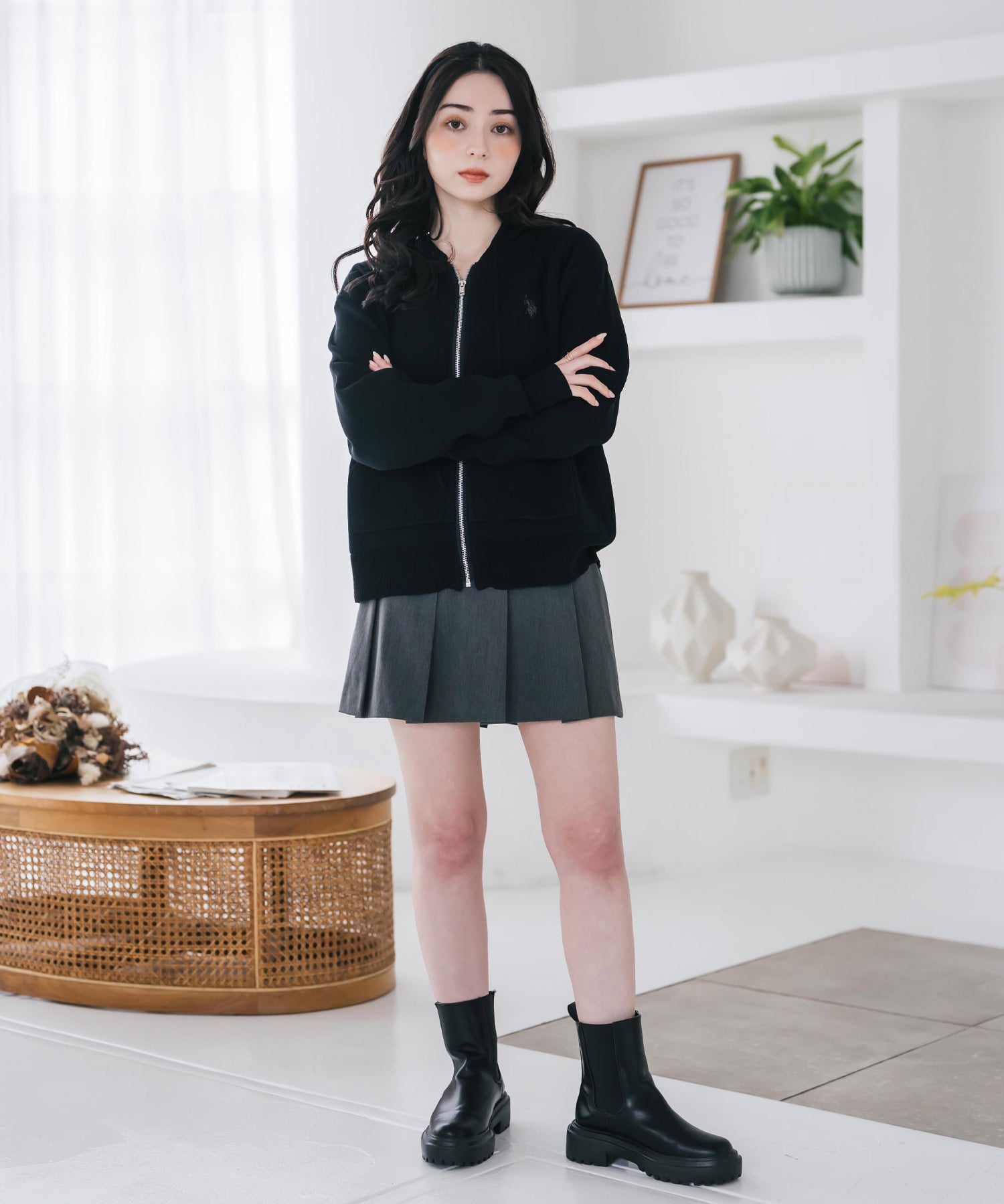 U.S. POLO ASSN. ユーエスポロアッスン W's オーバーサイズワンポイントロゴ刺繍スウェットライクニット短丈長袖パーカー 15732
