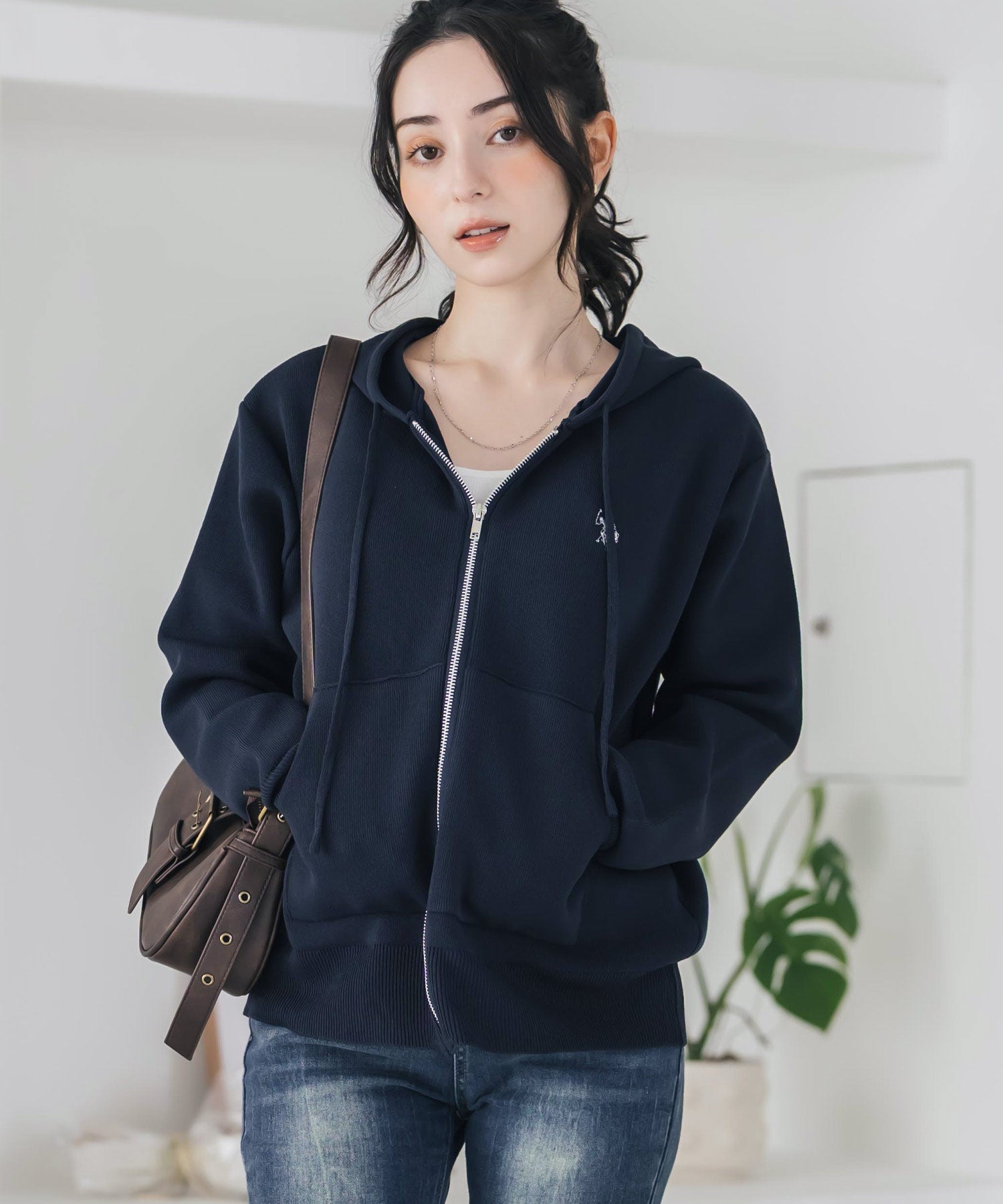 U.S. POLO ASSN. ユーエスポロアッスン W's オーバーサイズワンポイントロゴ刺繍スウェットライクニット短丈長袖パーカー 15732