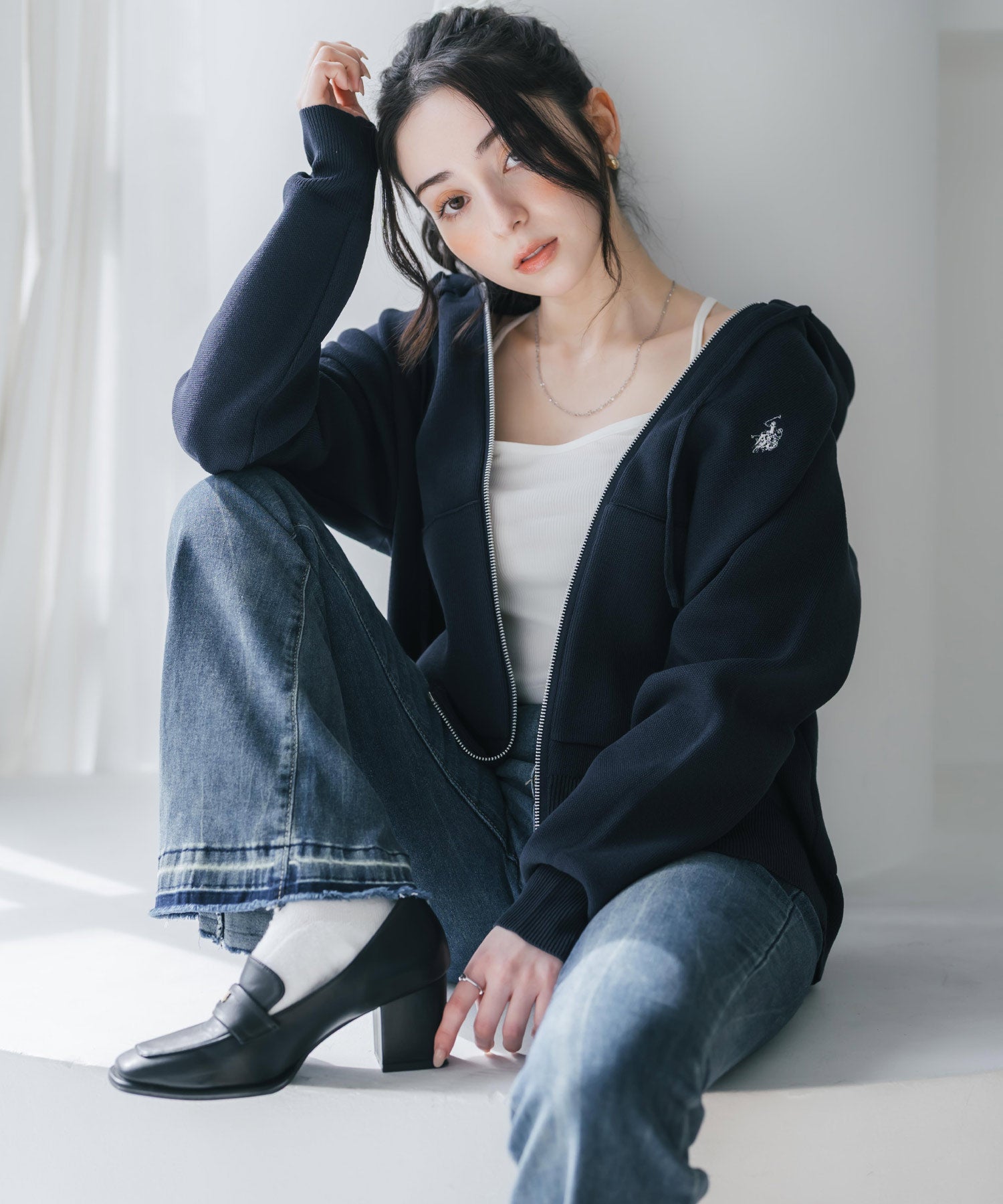 U.S. POLO ASSN. ユーエスポロアッスン W's オーバーサイズワンポイントロゴ刺繍スウェットライクニット短丈長袖パーカー 15732