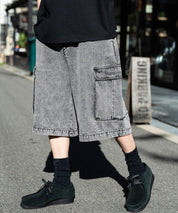 ケミカルウォッシュ オーバーダイ ワイドデニムカーゴハーフパンツ 15733