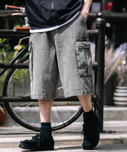 ケミカルウォッシュ オーバーダイ ワイドデニムカーゴハーフパンツ 15733