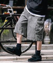 ケミカルウォッシュ オーバーダイ ワイドデニムカーゴハーフパンツ 15733