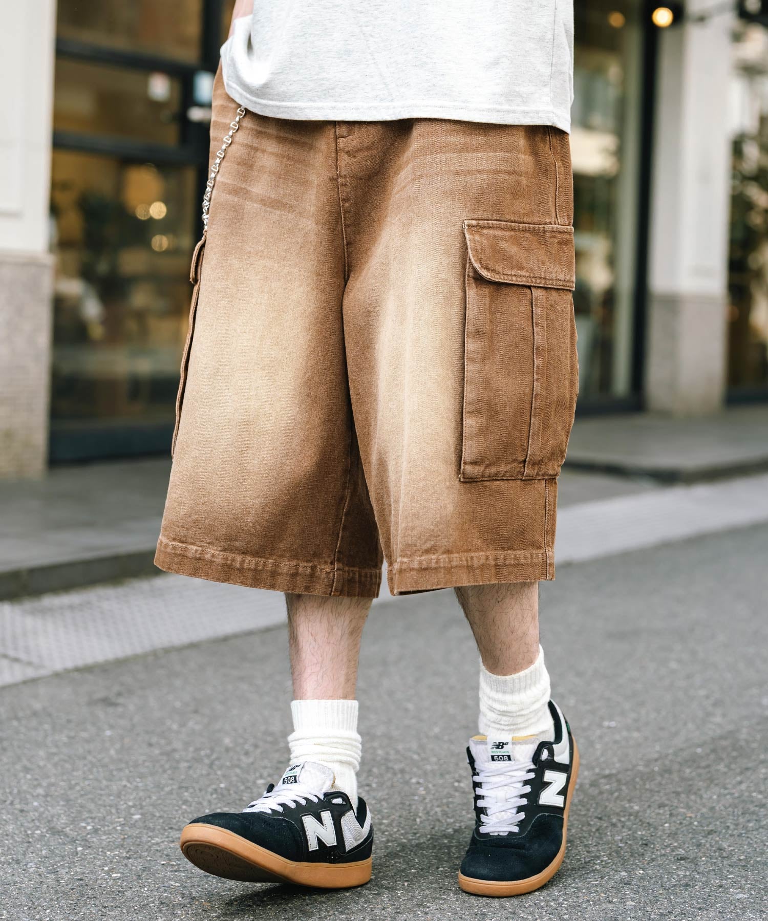 ケミカルウォッシュ オーバーダイ ワイドデニムカーゴハーフパンツ 15733