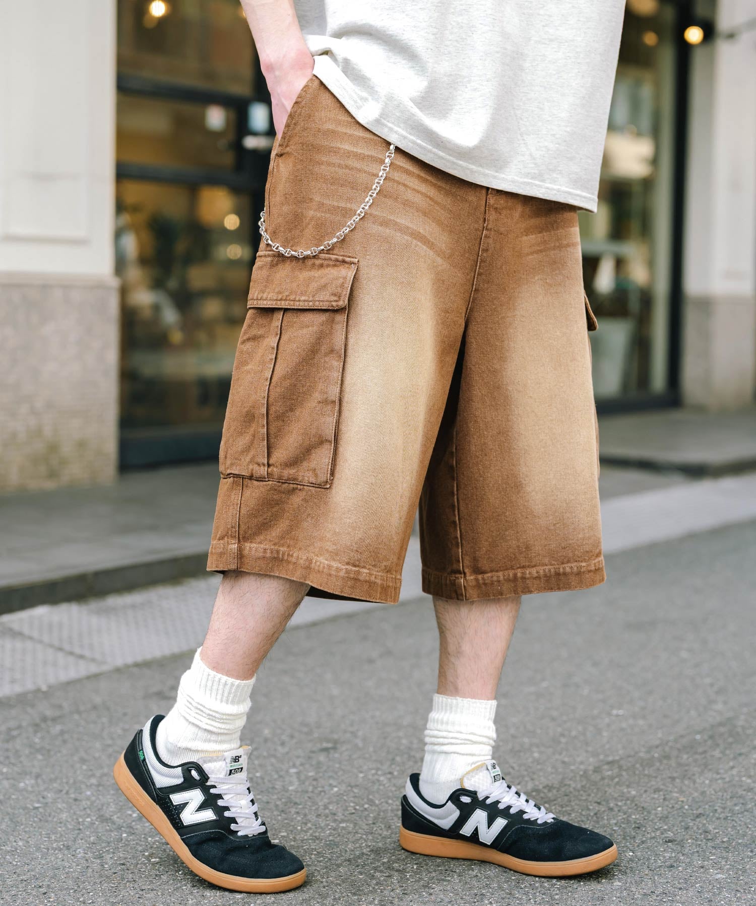 ケミカルウォッシュ オーバーダイ ワイドデニムカーゴハーフパンツ 15733