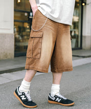 ケミカルウォッシュ オーバーダイ ワイドデニムカーゴハーフパンツ 15733