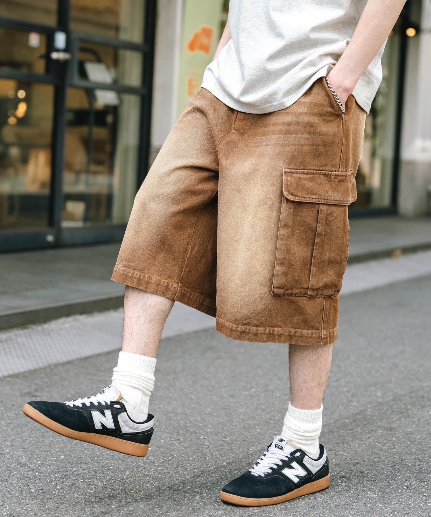 ケミカルウォッシュ オーバーダイ ワイドデニムカーゴハーフパンツ 15733