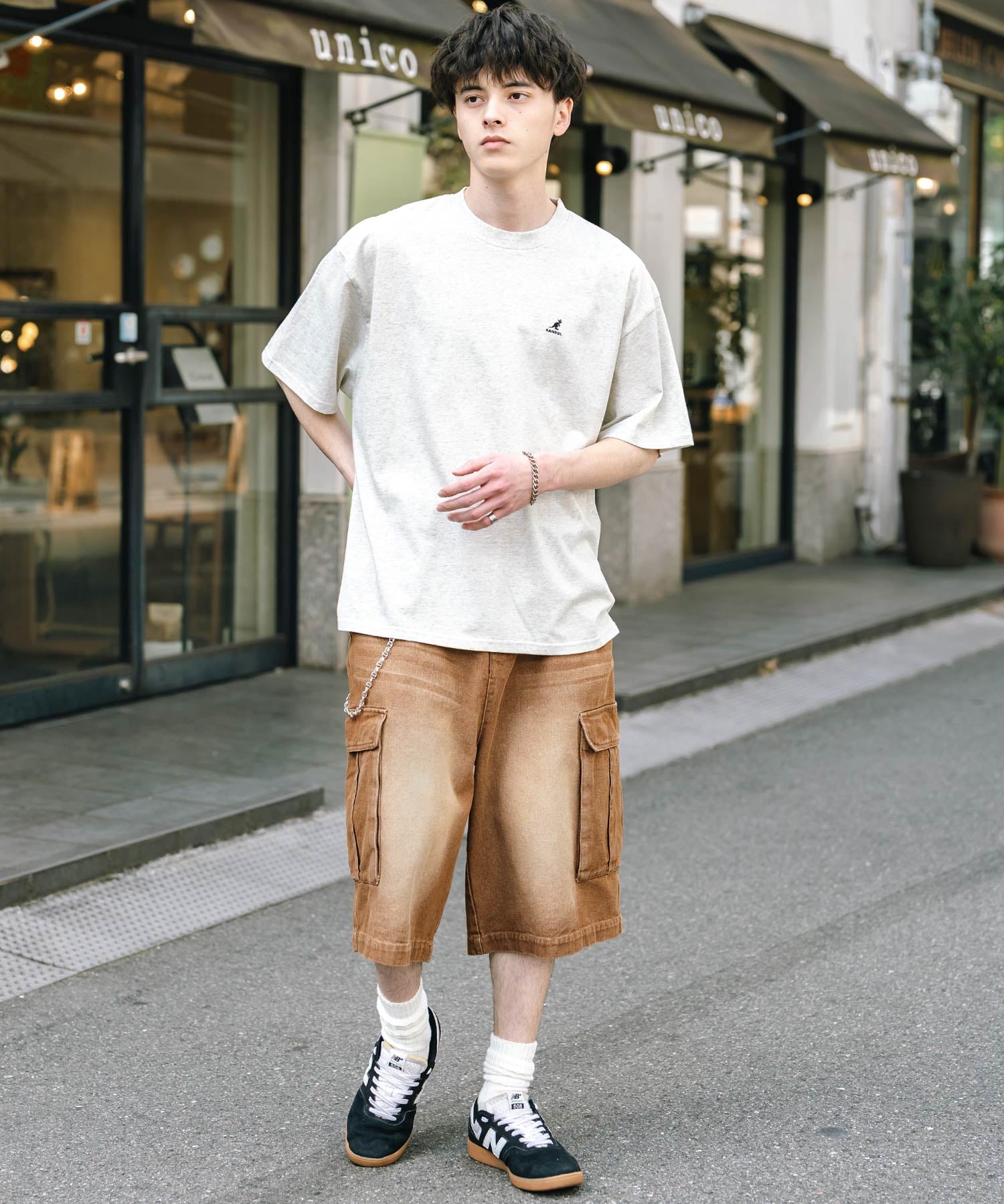 ケミカルウォッシュ オーバーダイ ワイドデニムカーゴハーフパンツ 15733